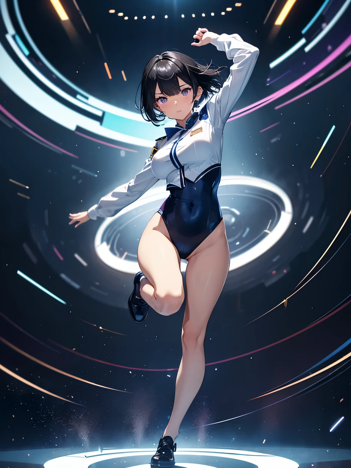 1girl, solo, short hair, jet black hair, purple eyes, (full body), standing, bangs, japanese police uniform, tokyo city backdrop, (white shirt), (black tie), matching shoes, medium breasts, 20 age, badge, twirl pose, spinning, spins fast in place like a tornado, twirling in place, tornado spinning, rapid gyration, motion blur, speed lines, tornado, spinning energy pulse, front view, light particles, blue and white leotard, bare legs