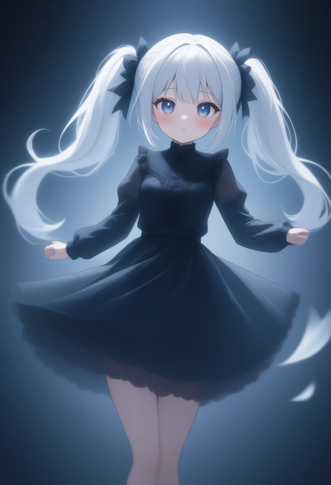 (1girl),gothic,twintails,white hair, organza lace,Gorgeous and fussy clothes,gothic, flying, blue, (colorful), bold strokes, gradient blends, motion blur, shimmering textures, dynamic composition, atmospheric perspective, impressionistic, , (masterpiece), (best quality), Amazing, (beautiful detailed eyes), (finely detail), Depth of field, extremely detailed CG, original, extremely detailed wallpaper, (vivid colors), cinematic lighting,  (colorful), blush,