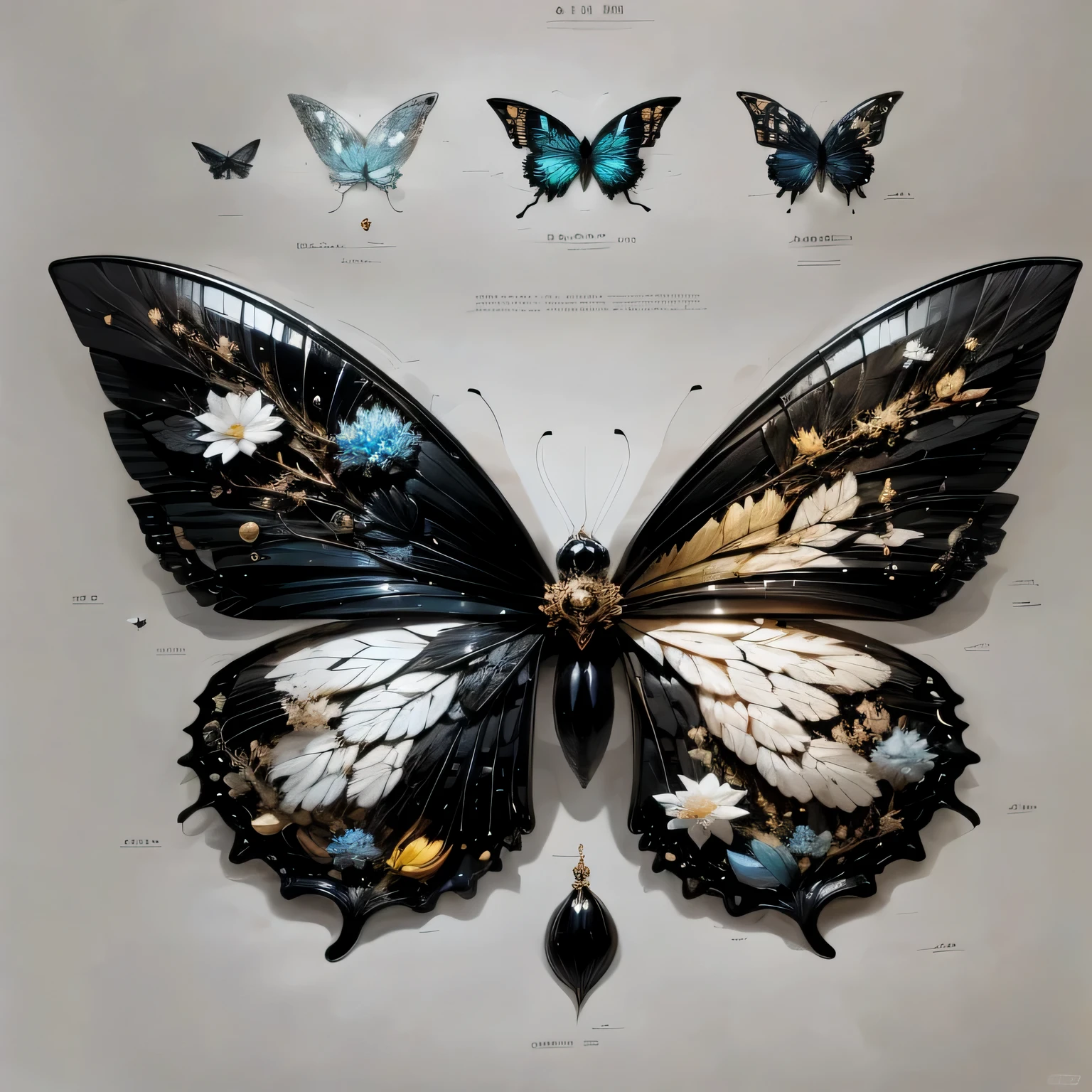 There are many butterflies displayed in the glass cabinet, photo of a Mechanical butterfly, Exquisite and handsome wings, author：Kano trip, Mechanical butterfly, 2019, 2 0 1 9, Butterfly jewelry, 2 0 2 0, 2020, very sharp and detailed, author：Li Quanshuo, Alan Jewett，symmetry