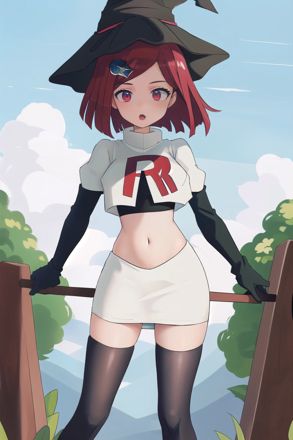 Masterpiece, Best Quality, 1girl, hat, witch hat, outdoors, sky, team rocket,team rocket uniform,white skirt,red letter R,crop top,black thigh-highs,black elbow gloves