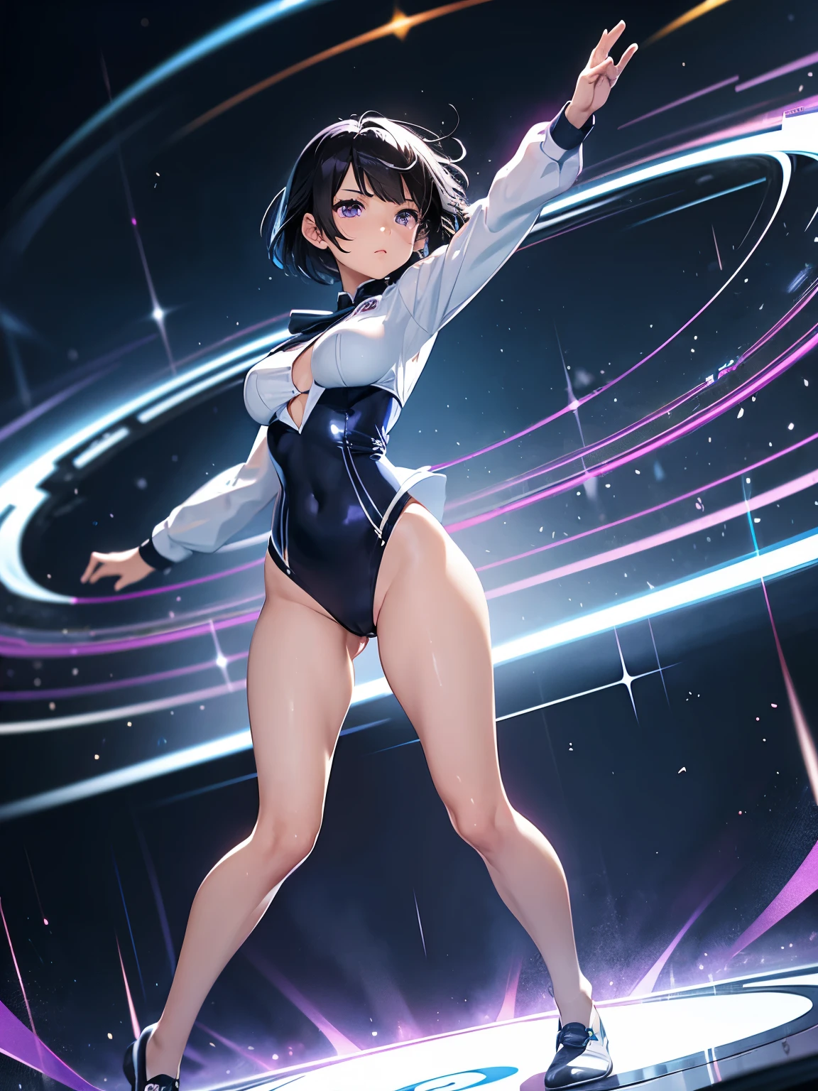 1girl, solo, short hair, jet black hair, purple eyes, (full body), standing, bangs, japanese police uniform, tokyo city backdrop, (white shirt), (black tie), matching shoes, medium breasts, 20 age, badge, twirl pose, spinning, spins fast in place like a tornado, twirling in place, tornado spinning, rapid gyration, motion blur, speed lines, tornado, spinning energy pulse, front view, light particles, blue and white leotard, bare legs