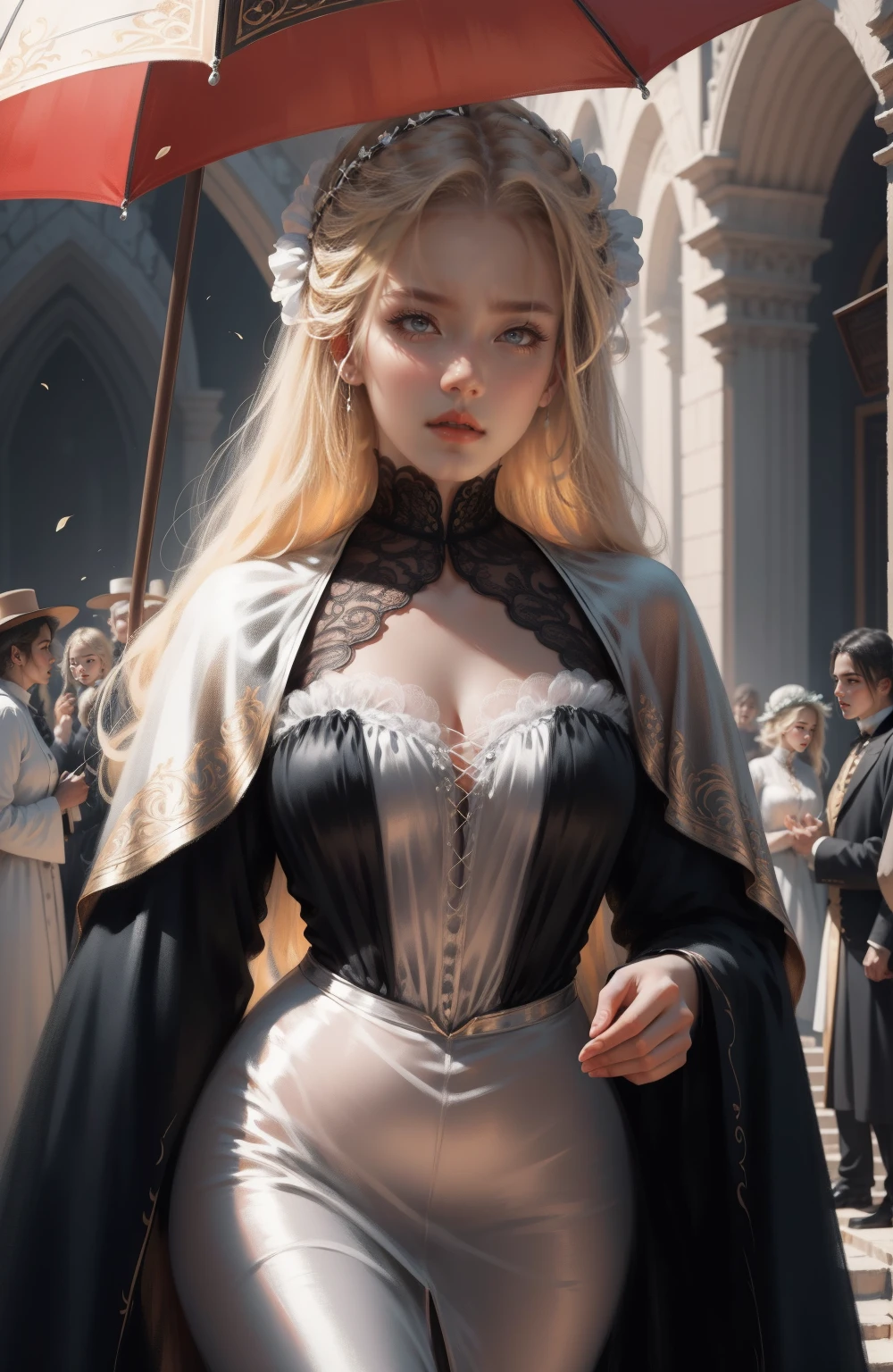 { - anatomy error}(Masterpiece - Ultra-detailed, very high resolution) Prepare to be enchanted by a true masterpiece that combines ultra-detailed art with high-resolution rendering. This work depicts a mesmerizing woman with very long blond hair (1.3) and captivating gray eyes (1.2), emanating an aura of elegance and mystery in Victorian settings. The intricate details and realistic textures invite you to explore every aspect of this enchanting composition. Woman wearing beautiful classic Victorian costume from the year 1878. Red lips. Happy face. Smiling. Delicate smile. white (white) dress. on the sun with umbrella, dynamic poses. Get ready to dive into a world where beauty and craftsmanship merge perfectly.