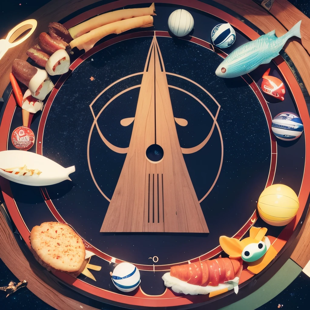 Various objects float on the dartboard, fish, hot dog, skewer, frog, automobile, tree, plant, fork, dart핀, Outer space, twinkling star, Dartboard should appear, dart, three-dimensional angle