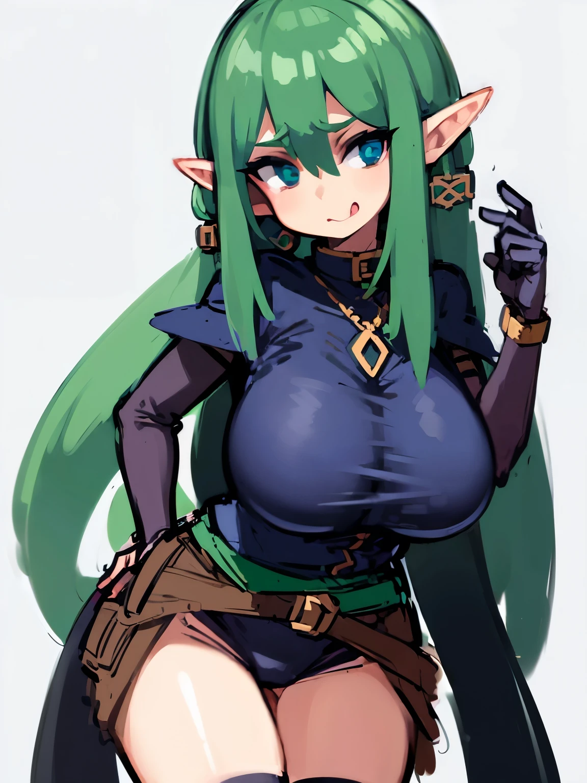 (elf girl:1.5), (spy style clothing:1.2), (white background:1.3), (gigantic tits:1.2), (solo:1.2)