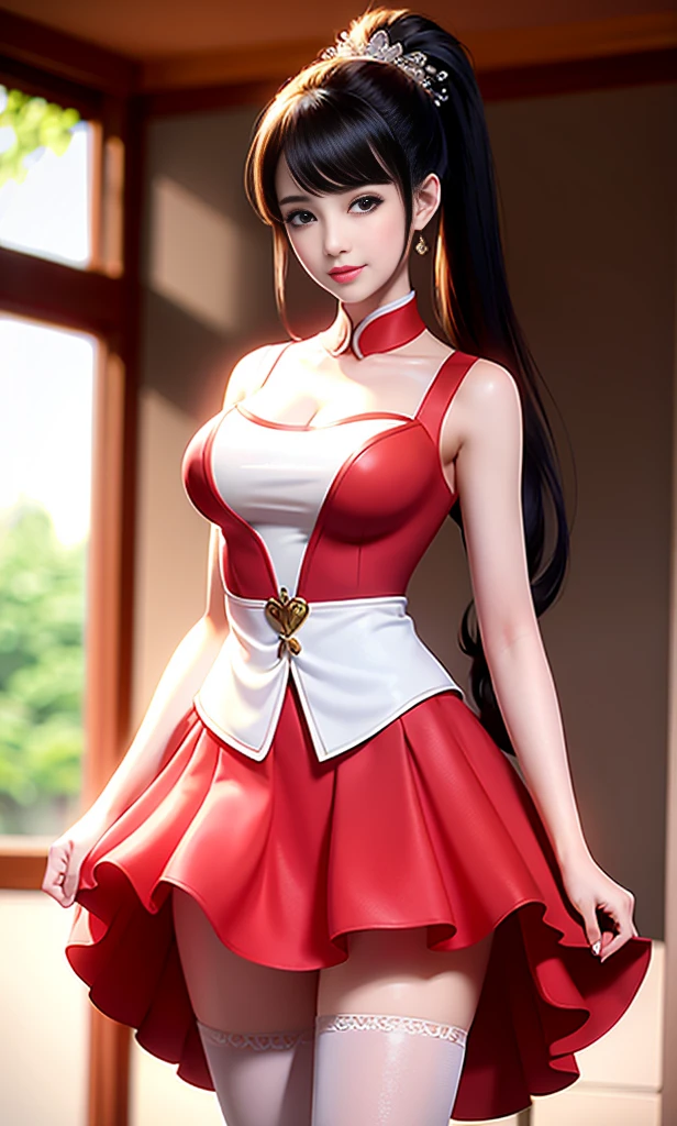 masterpiece：1.2，best quality），endless realism，（real picture，Rich details，depth of field），（1個Giant Breast Girl，solo），make up，high detail，perfect face shape，（：1.4），（dents on the skin），Thick thighs，wide hips，thin waist，higher，coral，red lips，ponytail（daughter，Shallow tulle，Tulle transparent），（Sweaty legs：1.2），（moisture），Raised sexy，Face turned red，（shy expression）， white vest，White suspenders，White bellyband，black shorts，Small lake，play with water