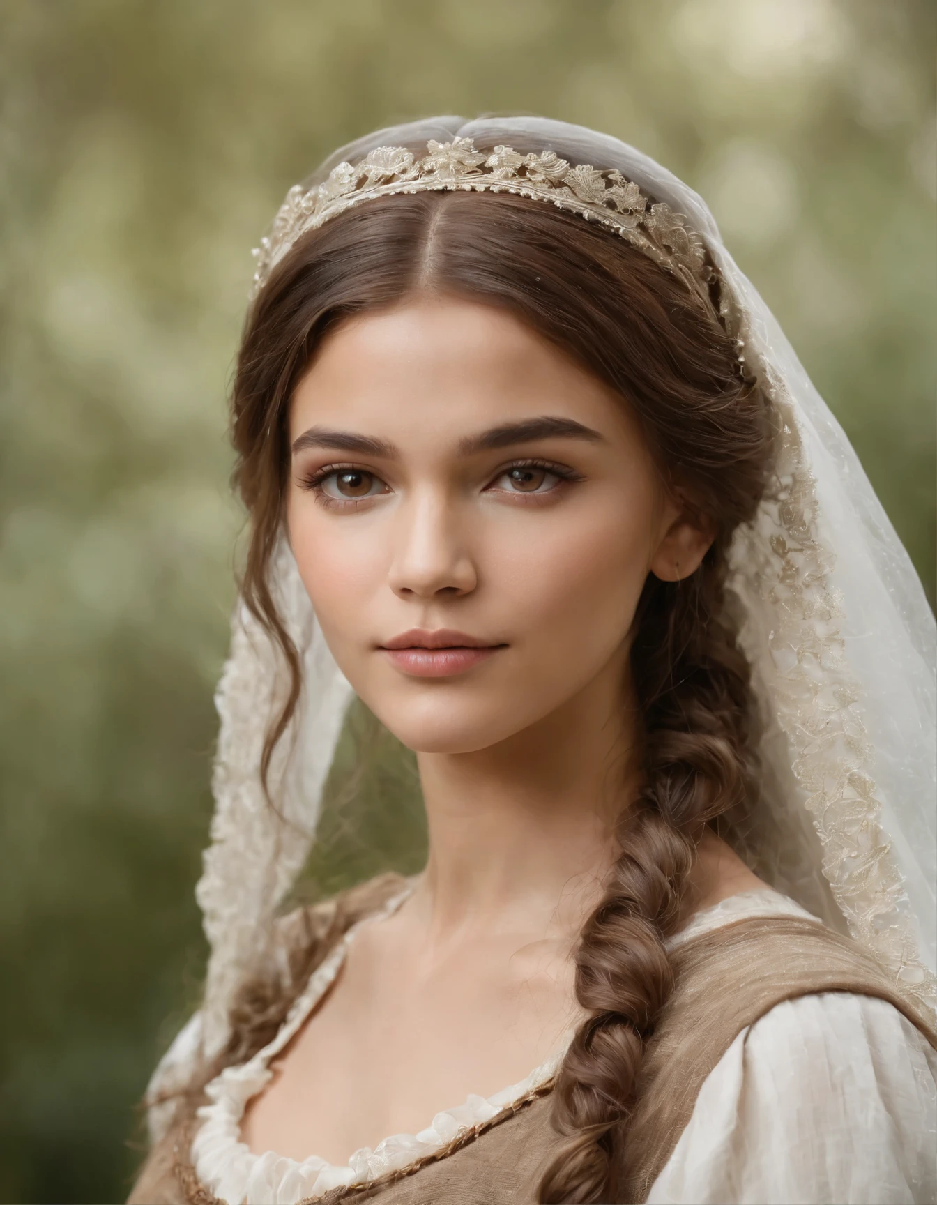 Create a softened depiction of a girl resembling Zendaya, dressed in a medieval maid's outfit with neatly tied hair. Apply a moderate amount of makeup, featuring subtle orange tones on the cheeks, natural-looking eyebrows, and a gentle downward gaze. Keep the overall makeup light, with a touch of foundation for a soft and natural appearance. The lips can be painted in a gentle, neutral tone, while the hazel eyes receive a light touch of eyeshadow and eyeliner for a more subdued effect. Strive for a sweet and approachable look, maintaining the essence of a medieval maid-inspired appearance with a milder and more charming touch.