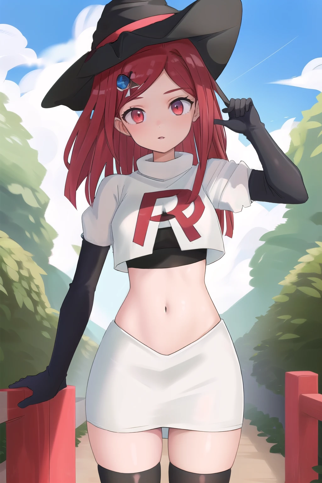 Masterpiece, Best Quality, 1girl, hat, witch hat, outdoors, sky, team rocket,team rocket uniform,white skirt,red letter R,crop top,black thigh-highs,black elbow gloves