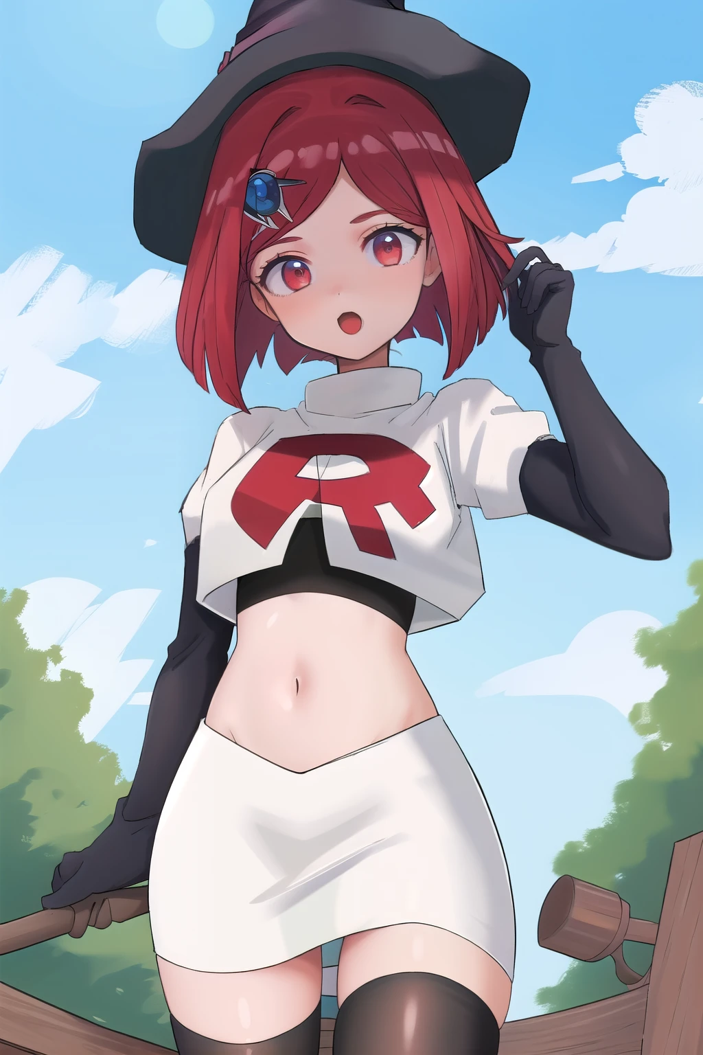 Masterpiece, Best Quality, 1girl, hat, witch hat, outdoors, sky, team rocket,team rocket uniform,white skirt,red letter R,crop top,black thigh-highs,black elbow gloves