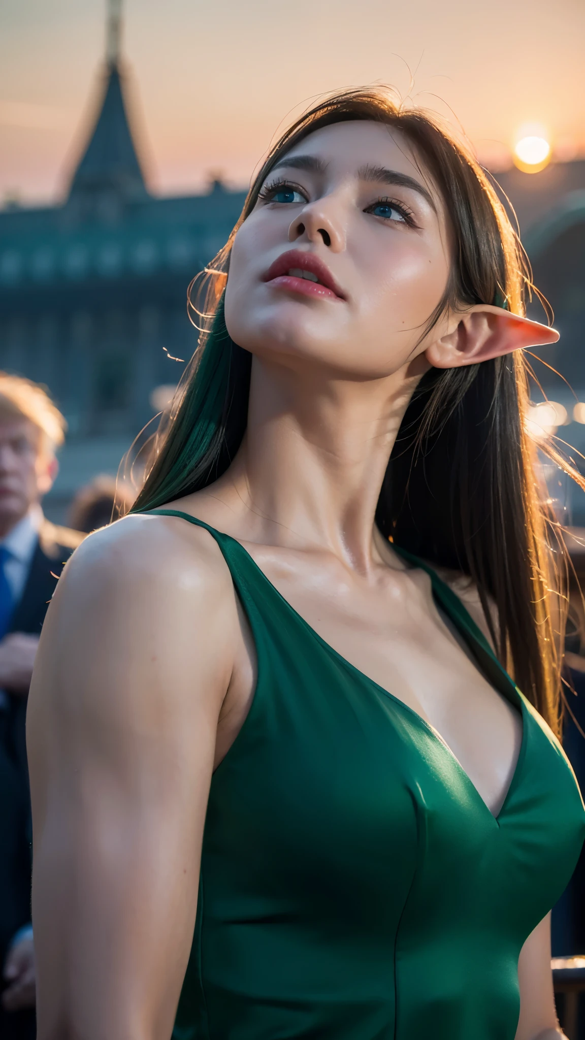 Super fine elf girl 30 years old. Hmm, 4k, 8k 映画的なMuscular Donald Trump, green skin Donald Trump, painted in center, crowd in background, high quality, muscular body, upper body wearing nothing, Hogwarts in background, painted in center, crowd in background, high quality, high definition, sunset sky, speech, shouting, looking up with both hands, high quality, glossy, red eyes, face green, face green Donald Trump,