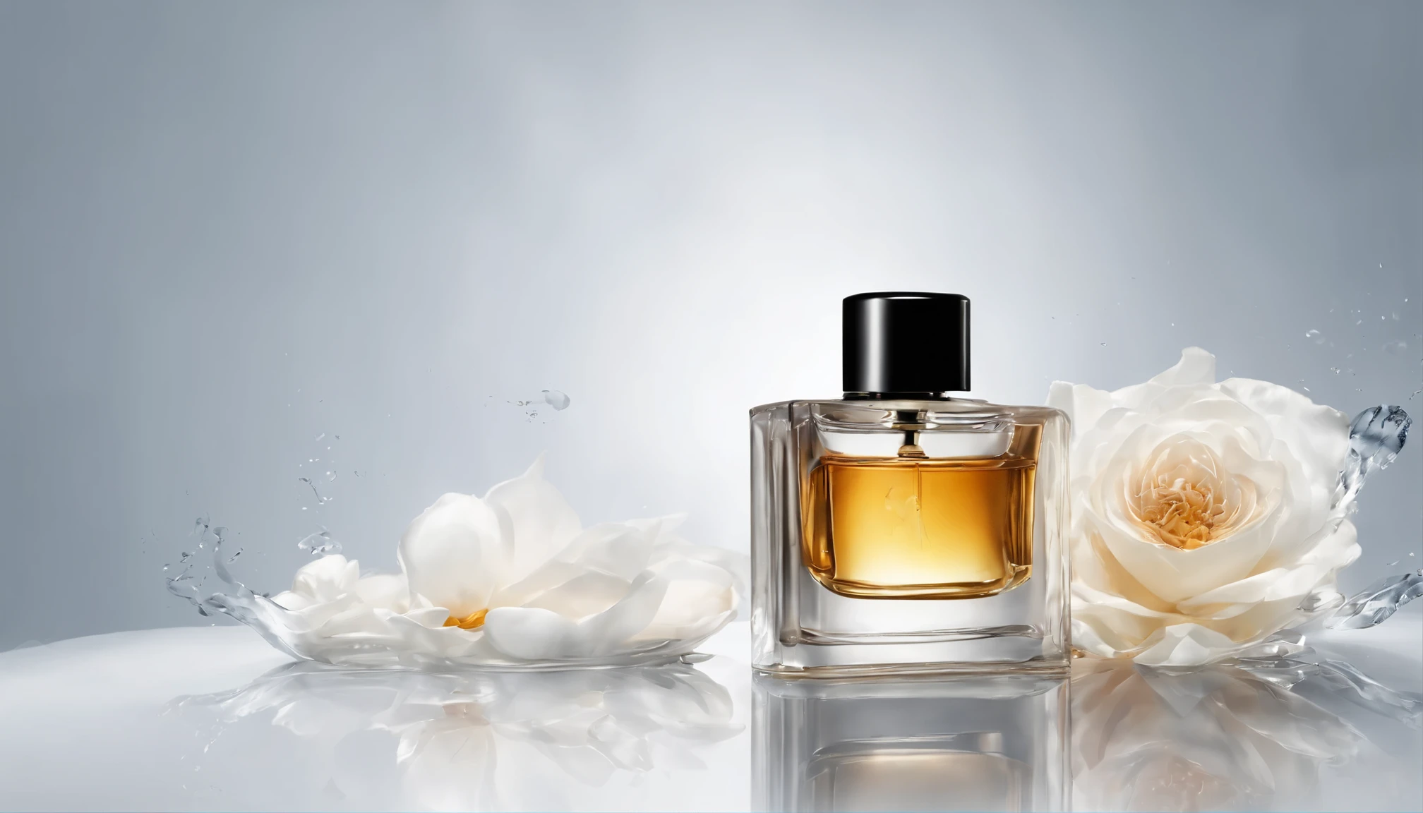 Attractive design on a black background with blue product display, Leave an empty space,So I can insert an image of Perfume falling into the water . The background should exude elegance and sophistication, Melhore o apelo visual do perfume que colocarei na imagem. You are free to use enlightenment, texturizado, and composition to create a luxurious atmosphere,Uma vez adicionado,Perfume will be the central focus.