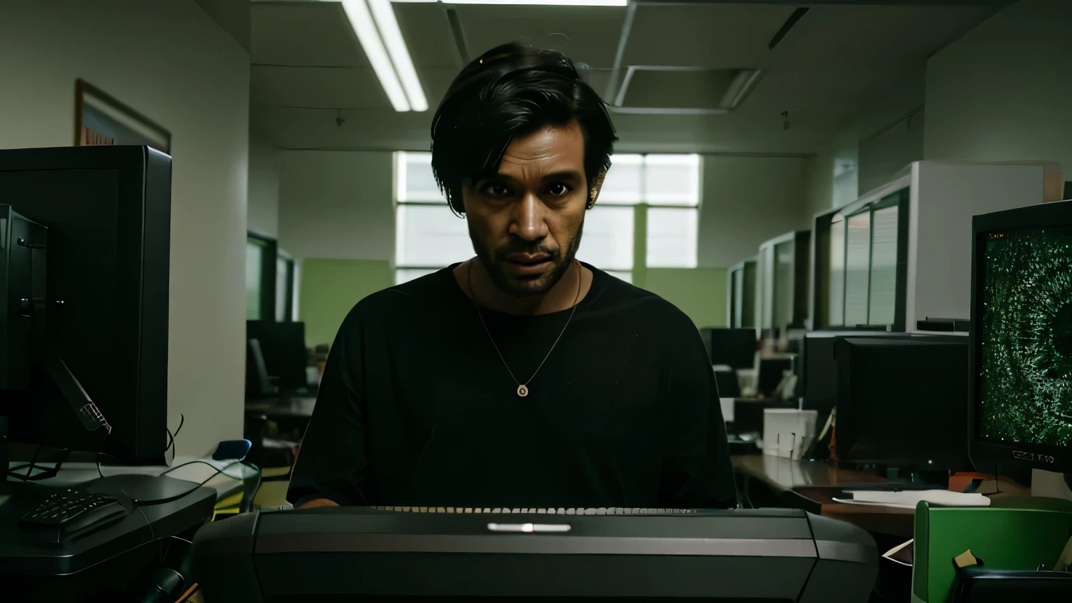 Fotografia Profissional, portrait of a short black haired male homem alone in a dark office full of green computers, Horror, Terror, temer, charada, filme ainda, high resolution 8k looking at camera, homem, homens, americano