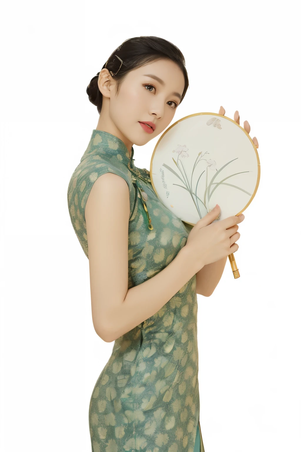 araffe woman in a green dress holding a fan and a white background, cheongsam, with acient chinese clothes, in a blue qipao, inspired by Yun Shouping, chinese style, with ancient chinese aesthetic, traditional chinese clothing, inspired by Lan Ying, chinese dress, wearing a blue qipao dress, chinese woman, inspired by Zhang Shuqi