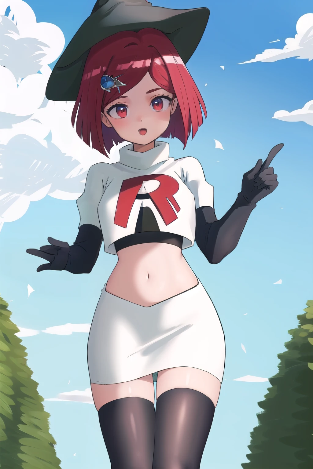 Masterpiece, Best Quality,  1girl, hat, witch hat, outdoors, sky, team rocket,team rocket uniform,white skirt,red letter R,crop top,black thigh-highs,black elbow gloves