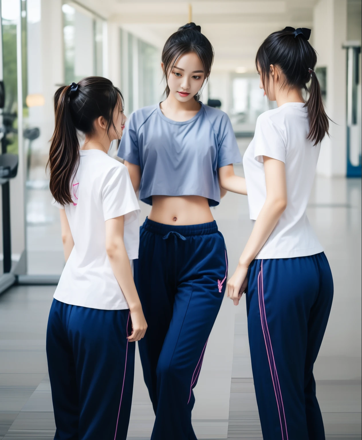 3 girls in fitness center, Blue short sleeve shirt,Sweatpantsขายาวสีกรมท่า,Sweatpants, Sweatpantsขายาว,25 year old girl, lesbian, sexy, exercise clothes, wet body, exercise clothes