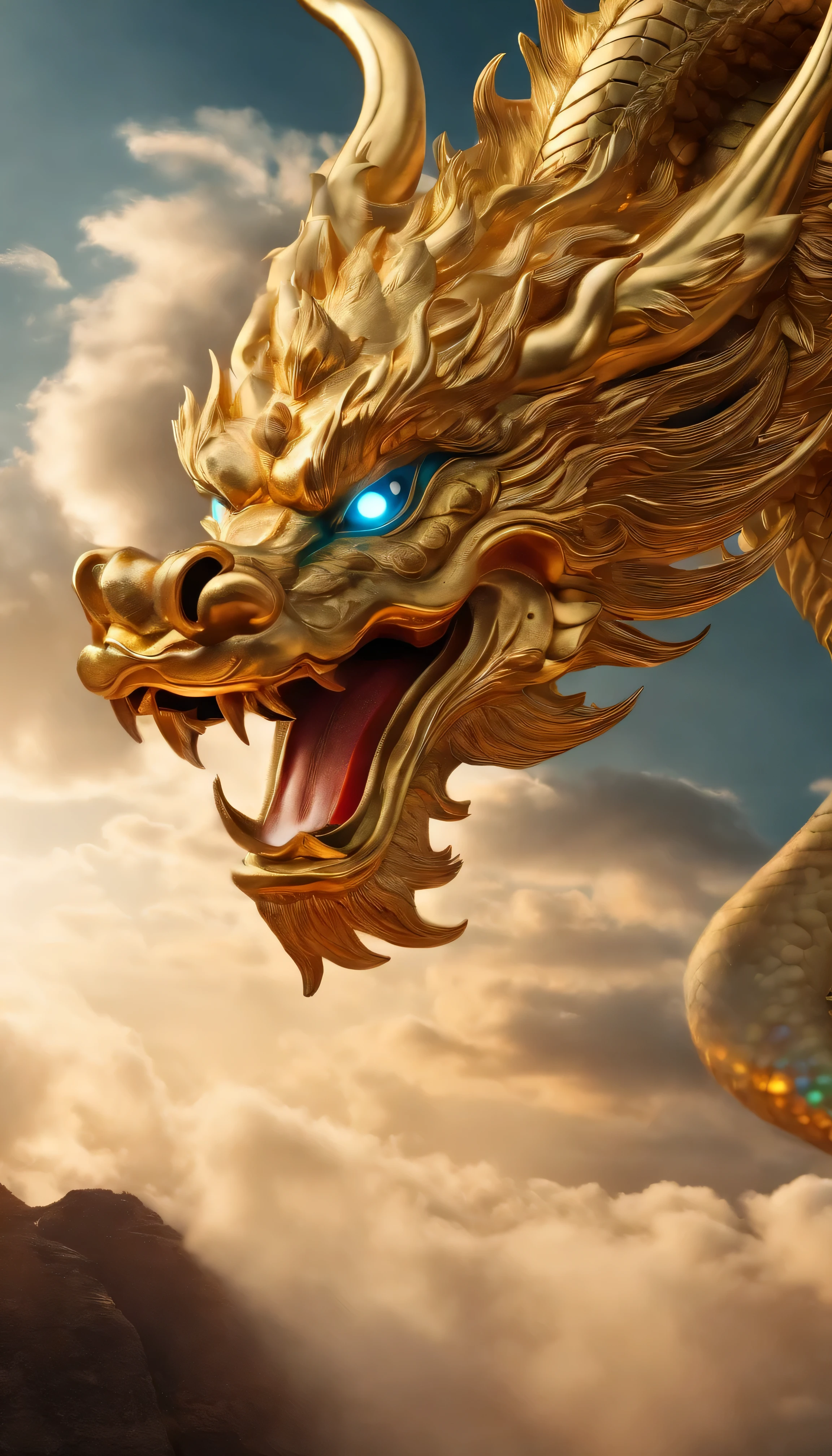 Chinese dragon falling from the sky，golden body, sprinkle with gold，colorful clouds，domineering and powerful, high quality, resin style, like a fairy tale, 最high quality, photography style，buckshot，three-dimensional ancient style, three dimensional，illumination，flat ultra hd, be familiar with, 高清的be familiar with, bioluminescence, ((head shot:1.4)), ((head shot:1.4))