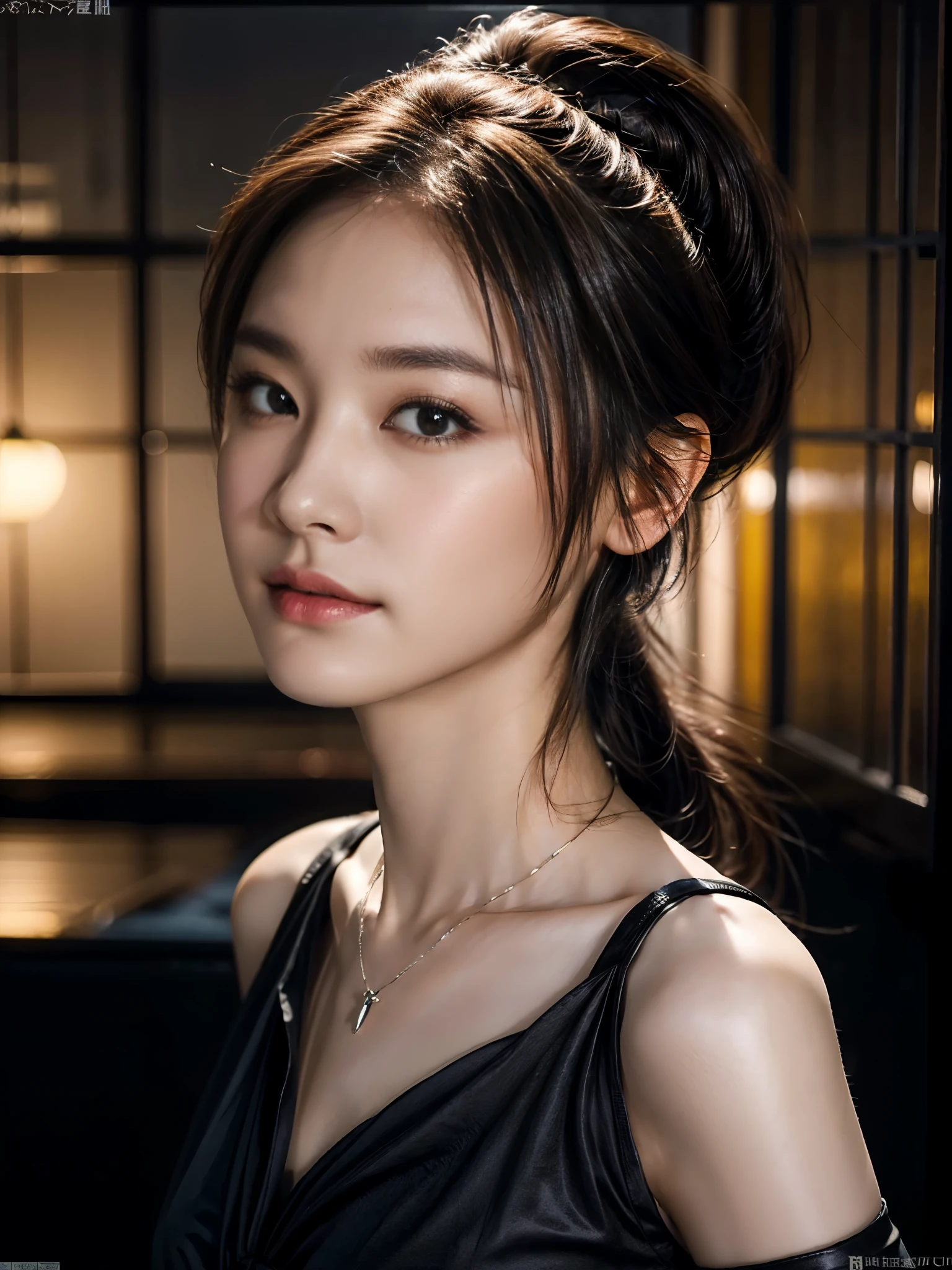 ((Best quality, 8k, RAW photo, Masterpiece :1.3)), (realistic、Photoreal:1.37)、Super detailed、super high resolution, (professional lighting), alone, 1 woman, solo, see the beholder, (30 years old), , beautiful and detailed face, happy smile, narrow, shining eyes, (slim waist :1.3), elegant high society elite woman, 30 year old Japanese woman, perfect dynamic composition, professional camera work:1.4, mysterious portrait:1.3, Cultivate the effect of light, ((Night view from inside the building, pitch black room:0.9, The moonlight at night shines through the glass)), (black v neck nightdress body shape, clean face, (Beautiful and attractione eyes:0.8, Enchanted expression:0.8, i love you completely:0.8, A taste that gives you a beautiful sense of eroticism:0.7), ponytail、brown hair, Beautiful nape、My chest is medium, necklace, (buckshot, beautiful back), ((attraction))