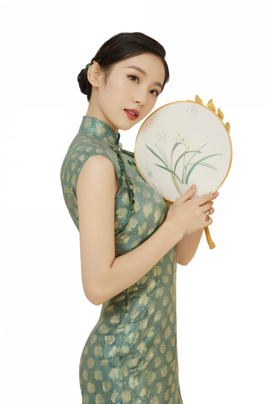 araffe woman in a green dress holding a fan and a white background, cheongsam, with acient chinese clothes, in a blue qipao, inspired by Yun Shouping, chinese style, with ancient chinese aesthetic, traditional chinese clothing, inspired by Lan Ying, chinese dress, wearing a blue qipao dress, chinese woman, inspired by Zhang Shuqi