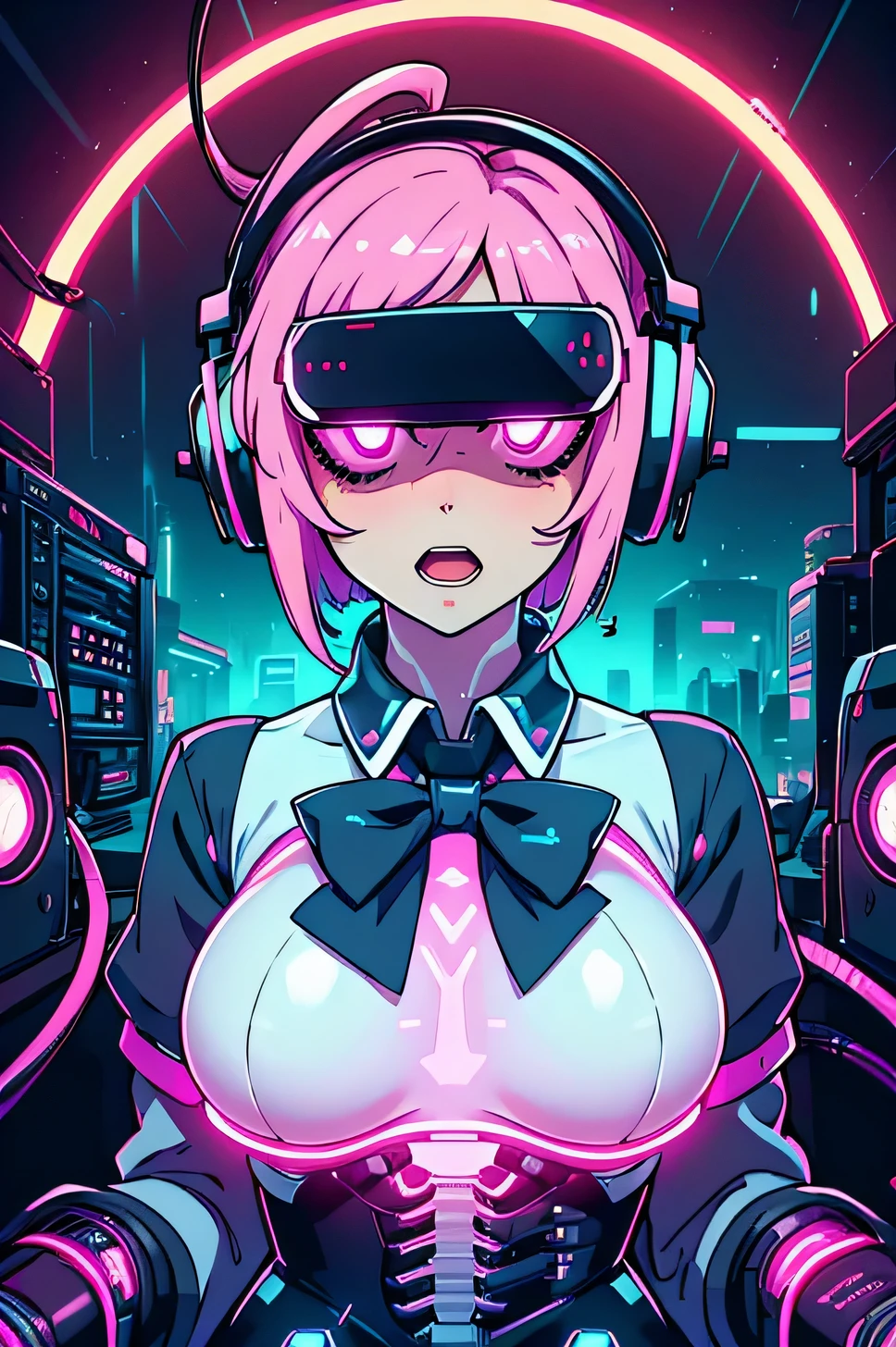 Anime cyborg girl sitting in a pilot seat wearing a virtual reality headset covering her eyes on her face with machinery and tubes and wires going inside her head and brain, (Best quality,highres:1.2), ultra-detailed, (realistic:1.3), cyberpunk, futuristic, portrait, shiny revealing latex outfit, cyber implants, virtual reality, drooling face, cables plugging into brain, shirt collar, bowtie, formal clothing, open mouth smile, facing viewer, girl is vibrating, glowing virtual reality headset, relaxed expression, blushing, cyber future formal wear, cyberpunk, futuristic, brain drain, cyber implants, virtual reality, drooling face, virtual reality headset covering eyes,  school uniform, big collar, high collar, open mouth smile, pleasured face expression, skin tight clothing, big shirt collar, big bowtie, biggest breasts in the world, light-emitting cable connected to brain, head antennas, oversized headphones, breasts are vibrating, open mouth drooling, pleasured expression, red face blush, cyborg, android, mechanical creature, mechanical torso, futuristic cyberpunk cyborg body, slim futuristic android, glowing lights on girls body, power cells, head is emitting pink light, formal shirt collar, big formal bowtie, school uniform, glowing nipples, big shirt collar, high collar, white collar, electrocution, girl being electrocuted, electricity, electricity sparks, pink hair, short hair, neon pink hair, body modification, orgasm, pleasure, (VR headset covering the eyes), vibrating breasts, vibrating girl, intense vibration, glowing nipples, lightbulb nipples, girl wearing large VR headset