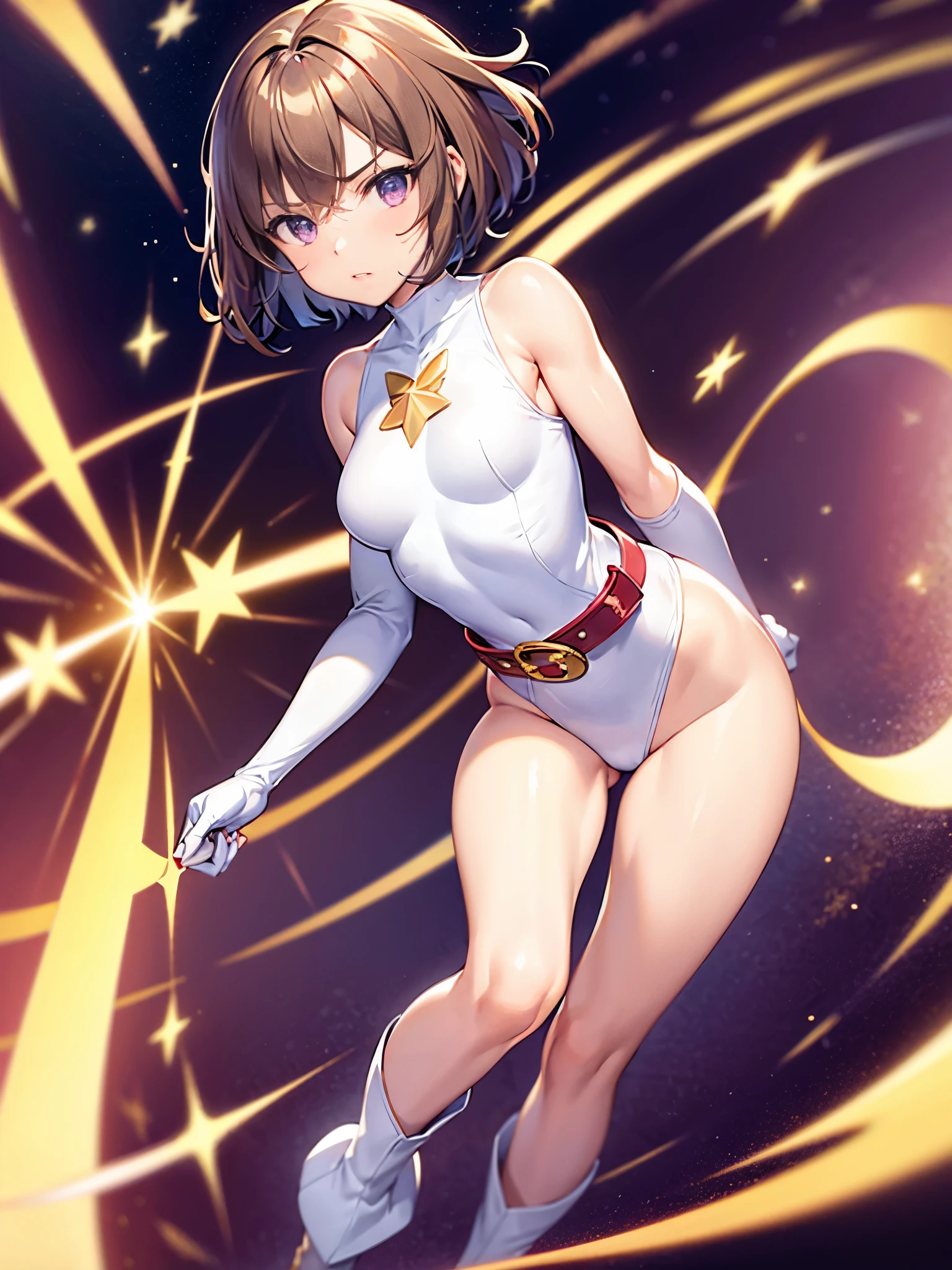 1girl, medium breasts, leotard, white and red leotard, bare legs, ((tight belt, gold belt)), boots, matching boots, ankle boots, white boots, gloves, white gloves, solo, single, hands on hip, standing, full body shot, cowboy shot, superhero, beautiful detailed eyes, mature lady, ((gold star symbol on chest)), brown hair, short hair, bob hair, purple eyes, sleeveless, perfect anatomy, masterpiece spread arms, spinning, spins fast in place like a tornado, twirling in place, tornado spinning, rapid gyration, space backdrop, motion blur, speed lines, tornado, time warp, spinning energy pulse, light particles