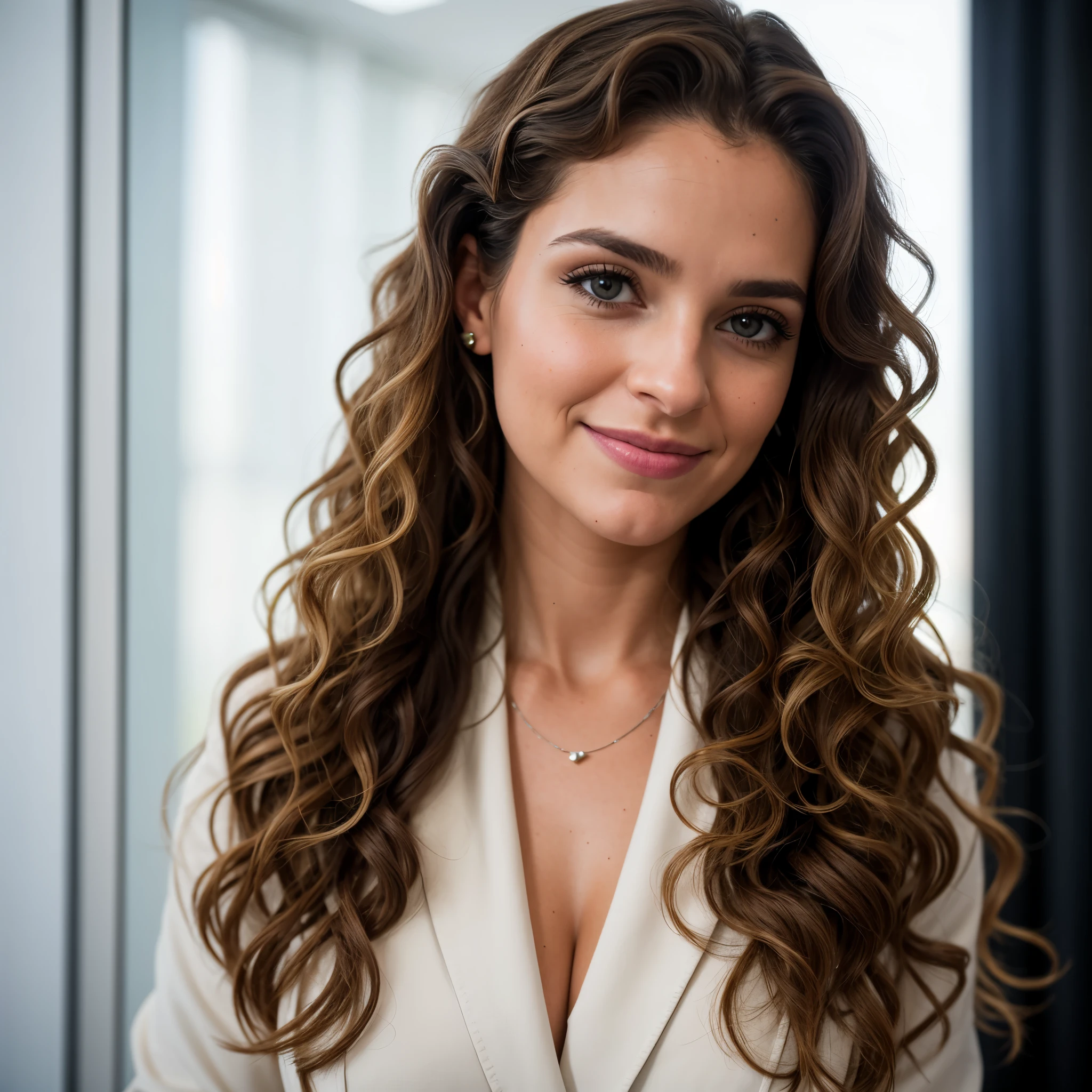 portrait of a business woman, 27 years old. happy expression. white background. Beautiful. curly hair. rich brazilian features. real estate agent style. Body is facing the camera. Eyes are looking at the camera. Foto RAW em sequencia, caucasian, planos de fundo detalhados pouco desfocados, luzes naturais, HDR, foto realista, foto profissional, fotorrealista, Linda, pele natural, 8k UHD, alta qualidade, filmic grain, Fujifilm XT3, ((long curly brown hair)), light hair color, wearing office clothes and a blazer, in an office,