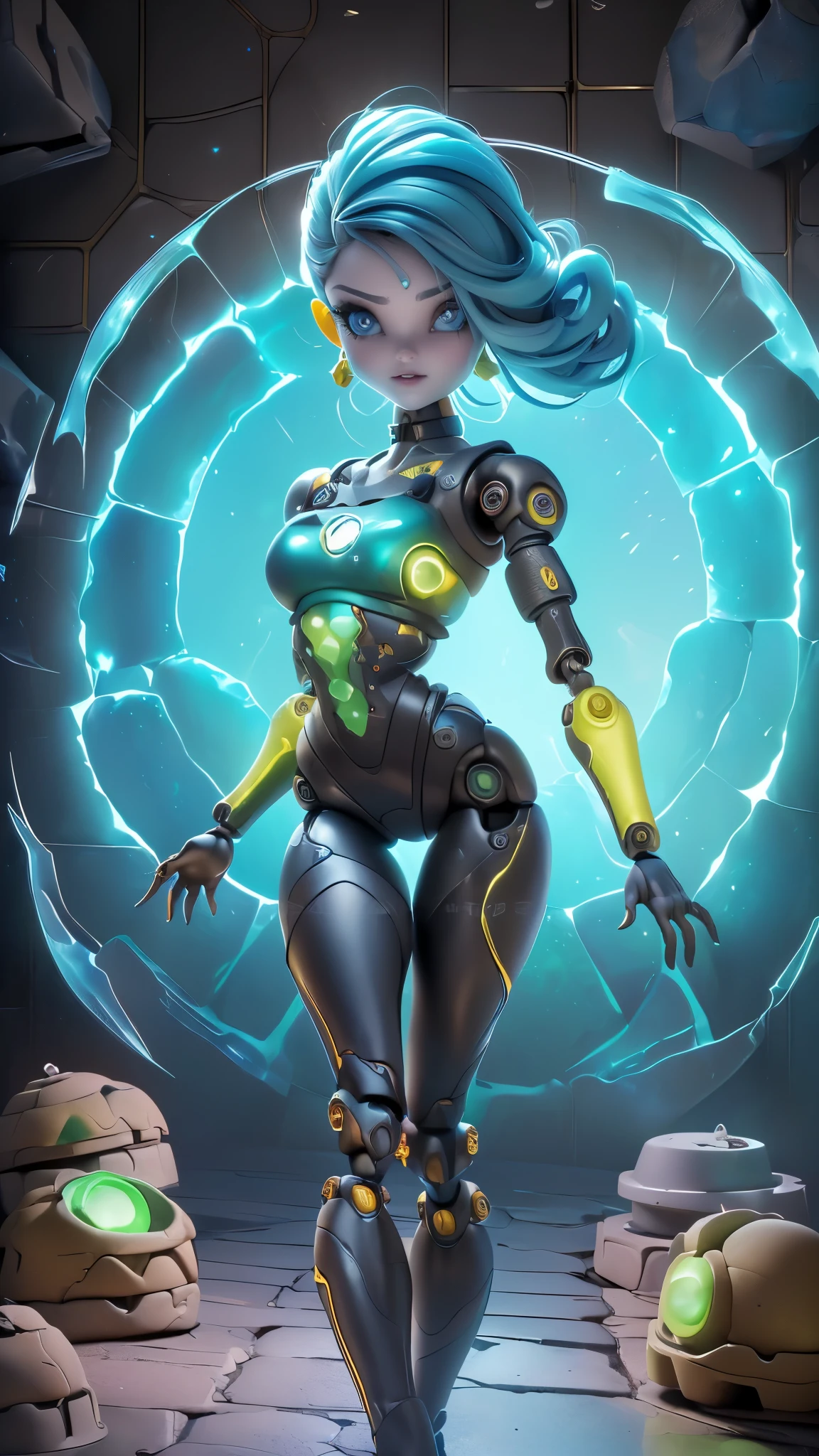 (8K, foto cruda, of the highest quality, Obra maestra:1.2), High definition RAW color photography, ProFessional Photoshoot, cinematic light, alone, (yellow machine body. , female mechanical doll:1.4 ), (detailed expression), (small face), gargantilla, cuerpo atractivo, (Forma de cuerpo delgado:1.4), Textura de piel y rostro muy detallada, ((Sonrisa sin emociones)), (color de cuerpo ????? y rojo), (Machine made gasket:1.4), ((mechanical limbech vertebrae:1.4 )), ((Mechanical cervical spine connected to choker.)), (alambres y cables conectados al cuerpo:1.4 ), (Countless tubes connected From blood vessels to external machines to the seducers, Underground facilities:1.5, (Beautiful skin and the shine of metallic materials.:1.4) , Dedos perfectos, Cinco dedos, anatomically correct, Bokeh de fondo, alta calidad, science fiction art, colores brillantes,(background alley walls big stones:1.4), ((nikon, 135㎜, F/1.8, Muy detallado, Photoshoot)),(ojos hermosos azules:1.4), (fondo nave alienigena dentro:1.4), (laboratory chemical waste background :1.4), (background alley walls big stones noche:1.4) 