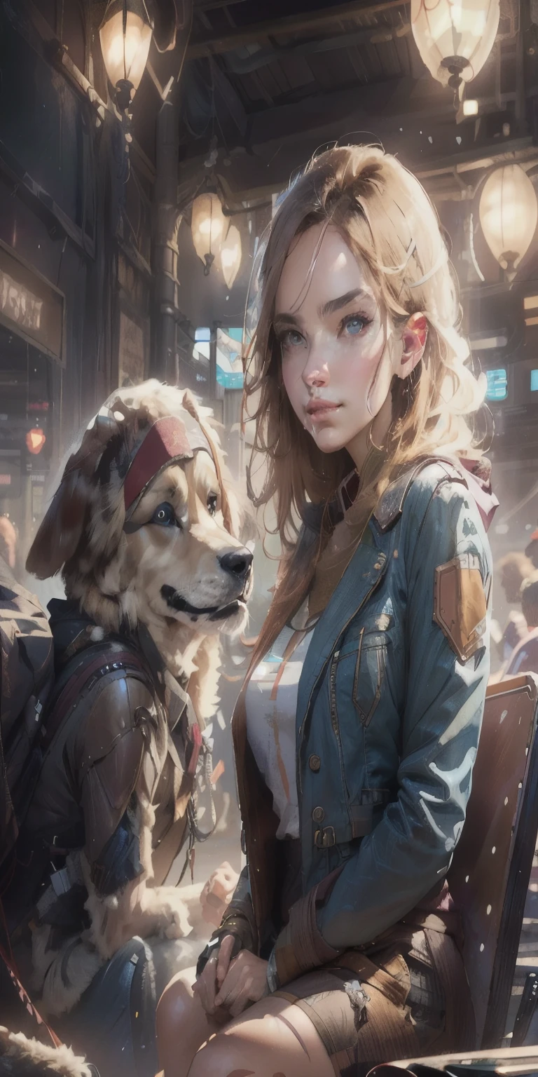 there is a woman sitting on a bench with a dog, wojtek fus, artwork in the style of guweiz, cyberpunk art style, digital cyberpunk anime art, [ trending on cgsociety ]!!, detailed game art illustration, stunning character art, trending on cgsociety art, fanart best artstation, artgerm julie bell beeple, alice x. zhang