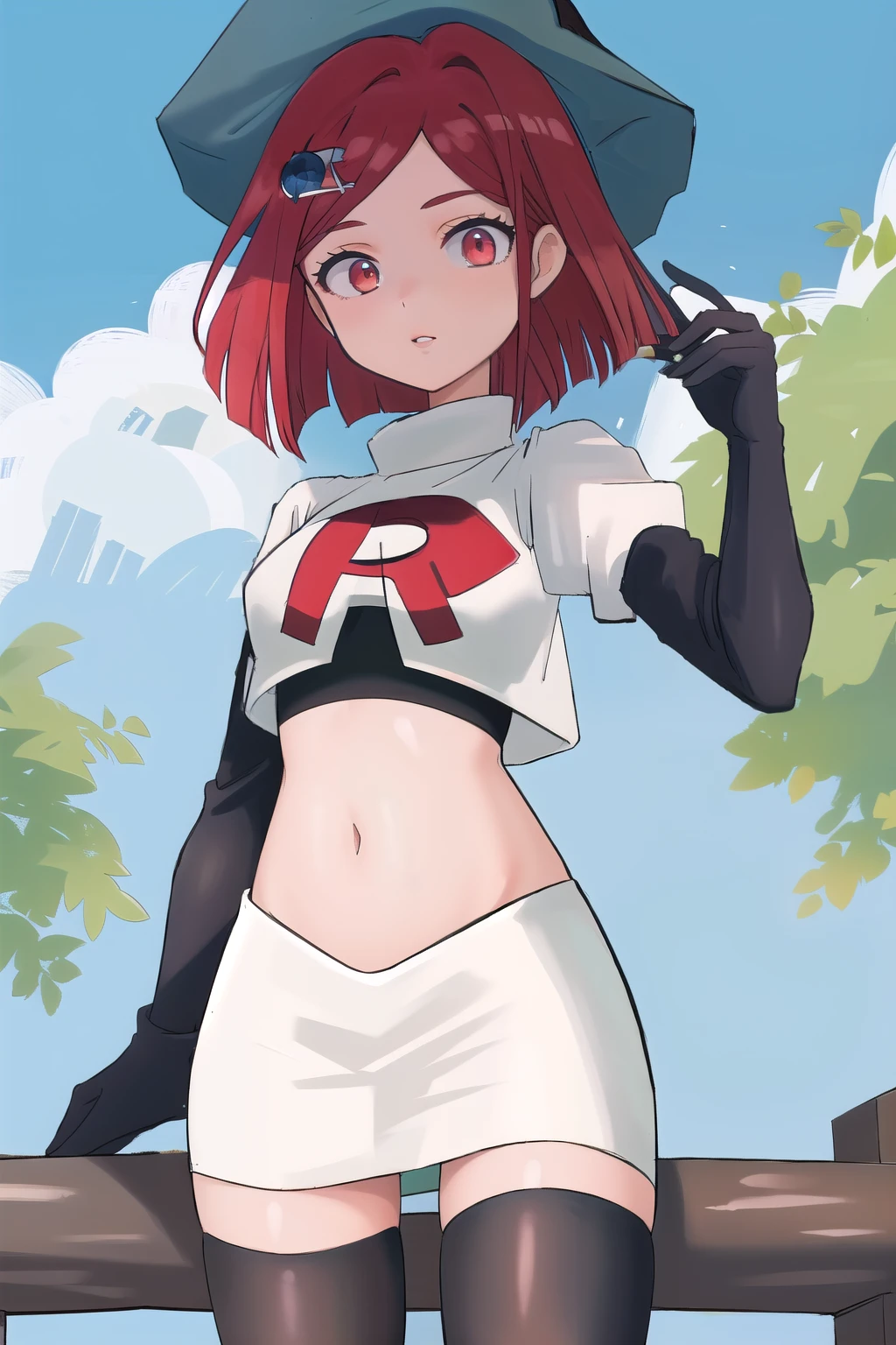 Masterpiece, Best Quality, 1girl, hat, witch hat, outdoors, sky, team rocket,team rocket uniform,white skirt,red letter R,crop top,black thigh-highs,black elbow gloves