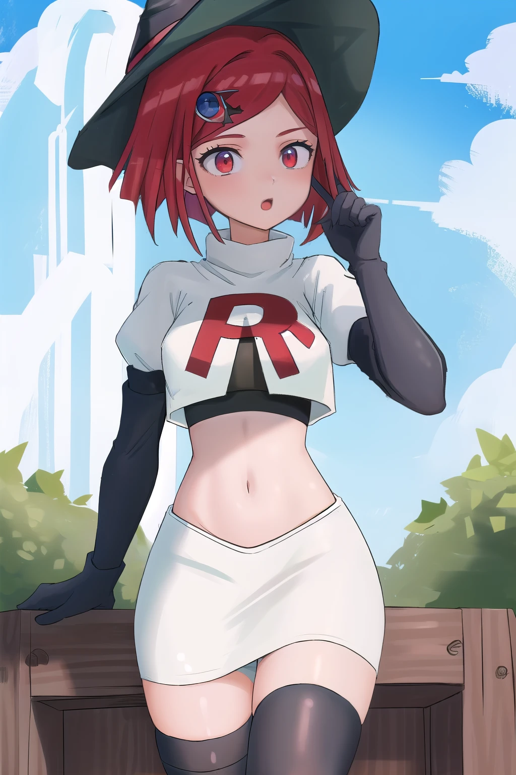 Masterpiece, Best Quality,  1girl, hat, witch hat, outdoors, sky, team rocket,team rocket uniform,white skirt,red letter R,crop top,black thigh-highs,black elbow gloves