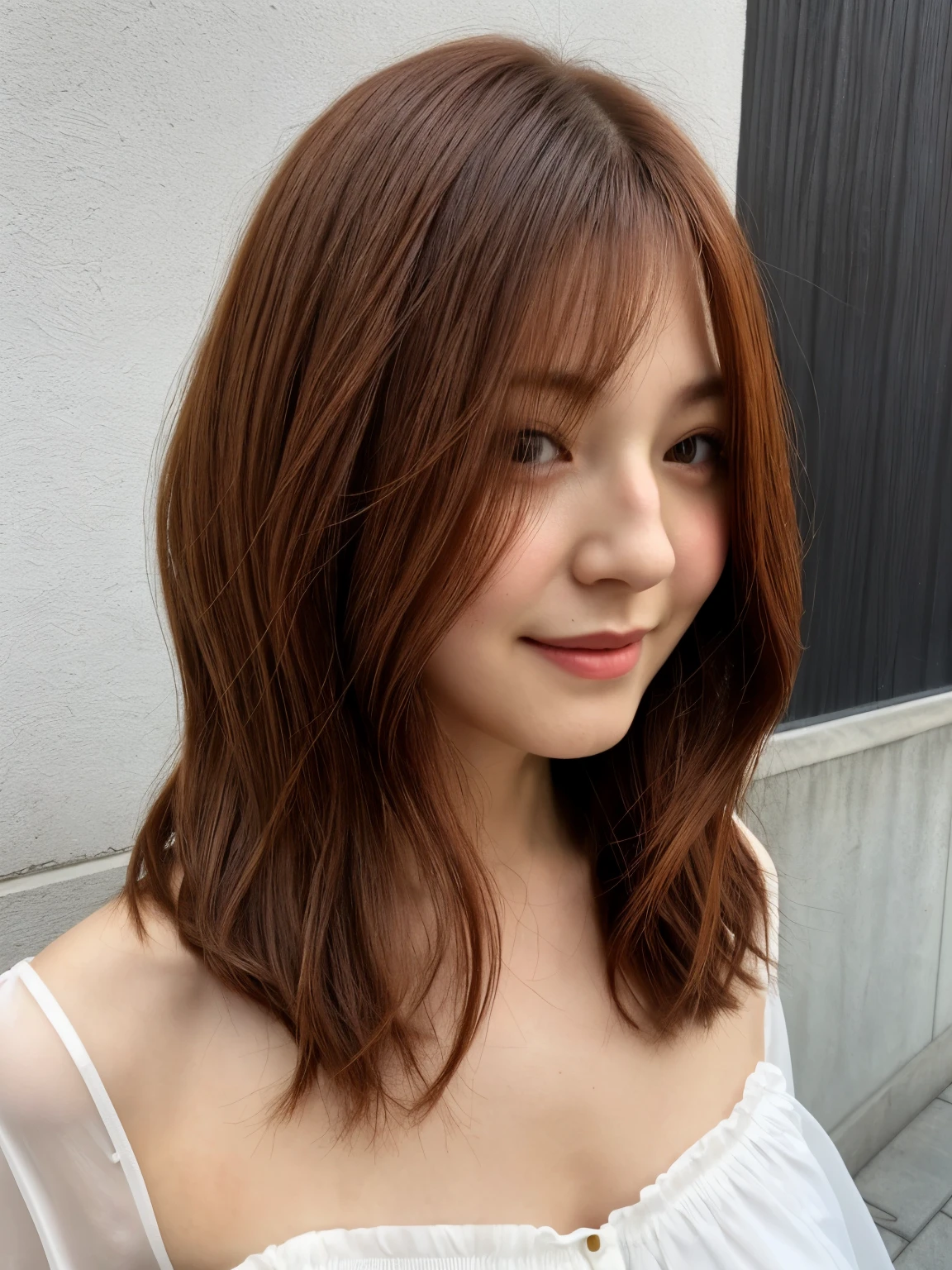 highest quality, 1 beautiful woman,35 years old, s, 35mm lens,table top, cowboy shot, concrete background、mortar style background、Reddish-brown hair color、Mr.々pose,White long-sleeved blouse、don&#39;t look at the camera、profile、mortar style wall,from below、straight hair、straight hair、shiny hair,silky hair、ear to ear smile,"Reddish-brown hair color"、medium hair,medium hair,bob hair、bob cut