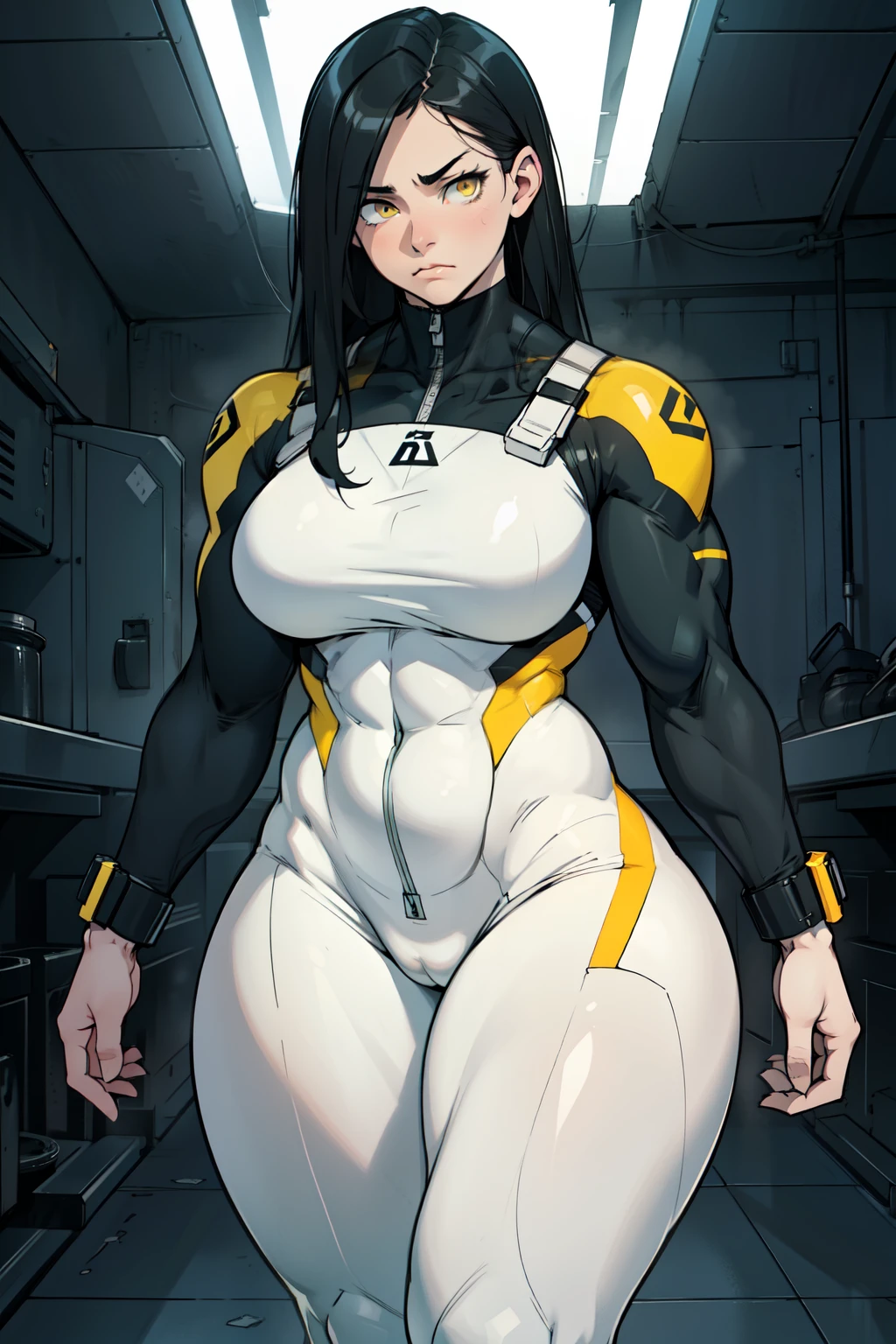sad girl muscular muscular muscular breasts breasts breasts thick thick thick thick black hair yellow eyes pale skin pale skin thick thick thick dark atmosphere thick thick thick thick thick thick muscular simple background sad sad sad sad full bodysuit