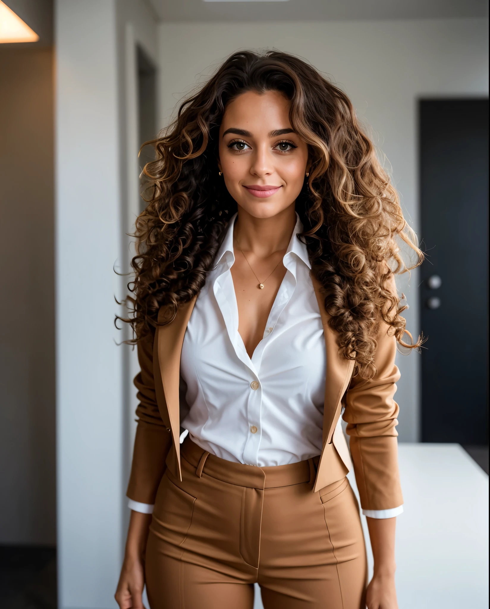 portrait of a business woman, 27 years old. happy expression. white background. Beautiful. curly hair. rich brazilian features. real estate agent style. Body is facing the camera. Eyes are looking at the camera. Foto RAW em sequencia, caucasian, planos de fundo detalhados pouco desfocados, luzes naturais, HDR, foto realista, foto profissional, fotorrealista, Linda, pele natural, 8k UHD, alta qualidade, filmic grain, Fujifilm XT3, ((long curly brown hair)), light hair color, wearing office clothes and a blazer, in an office,