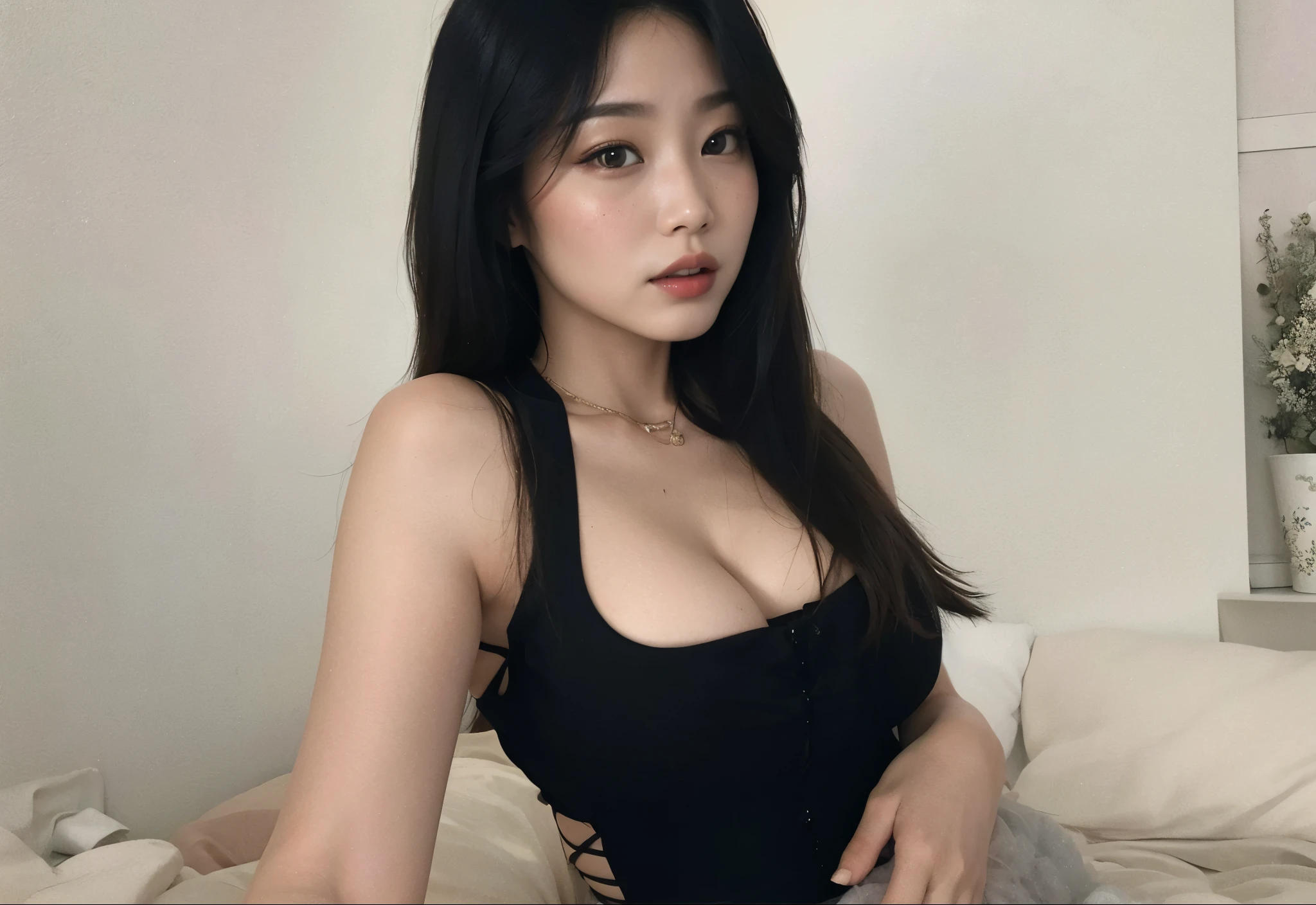 there is a woman in a black dress posing on a bed, coreana, gorgeous young mulher coreana, beautiful south mulher coreana, mulher coreana, beautiful young mulher coreana, Asian, beautiful Asian, 18 anos de idade, boa jovem, Heonhwa Choe, look sexy at the camera, Jaeyeon Nam, Mulheres Asians, deusa japonesa, Alegria Veludo vermelho