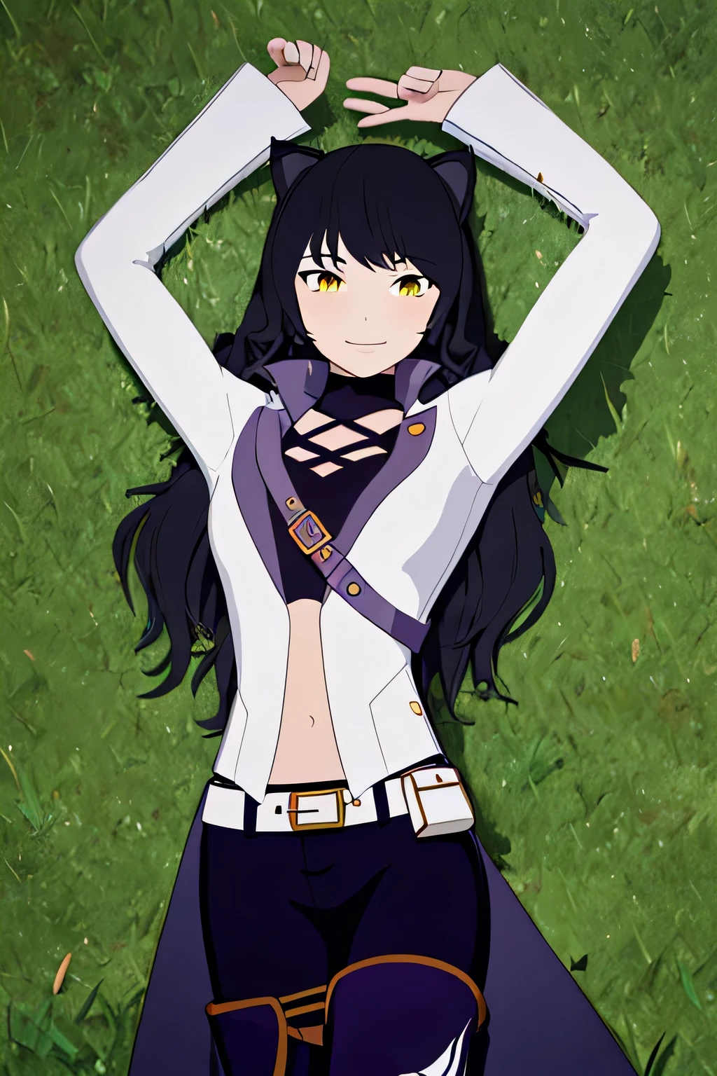 ((masterpiece,best quality)), 
Blake_RWBY,   1girl, solo, black hair, long hair, cat ears, animal ears, yellow eyes,
 belt, midriff, pants, jacket, 
solo, smiling, looking at viewer, solo, smile, cowboy shot, lying, on back, on grass, arms up, blue pants. closed mouth, spread arms,
cinematic composition,