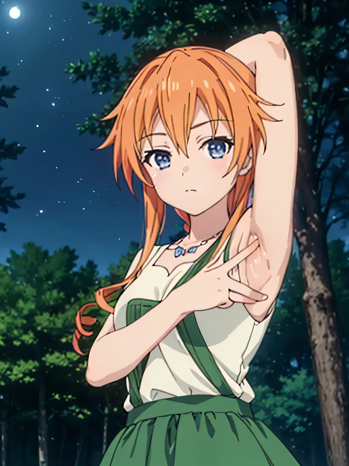 (((pixel-perfect, detail-perfect))), solo, 1girl, yuzuru yamai, white shirt, necklace, green skirt, looking at viewer, high quality, closed mouth, solo, cowboy shot, night sky, forest, arms behind head, contrapposto, expressionless, spread armpits, looking at viewer, solo, center, sleeveless