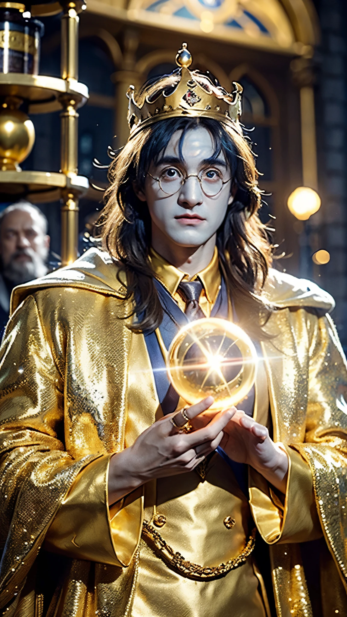 blue skin Harry Potter, muscular body, bare upper body, golden ornaments, flashy costume, Hogwarts in the background, golden king, golden emperor Harry Potter, painted in the center, crowd in the background, golden effect, golden magic, high quality,Harry Potter with golden skin, muscular body, bare upper bodyHarry Potter with golden skin, nothing on, naked, nothing on upper body, golden ornaments, flashy costume, Hogwarts in background, golden king, golden emperor Harry Potter, painted in the center, crowd in background, golden effect, golden magic, high quality, high definition、Harry Potter, the king who unifies the universe, robot in the background,