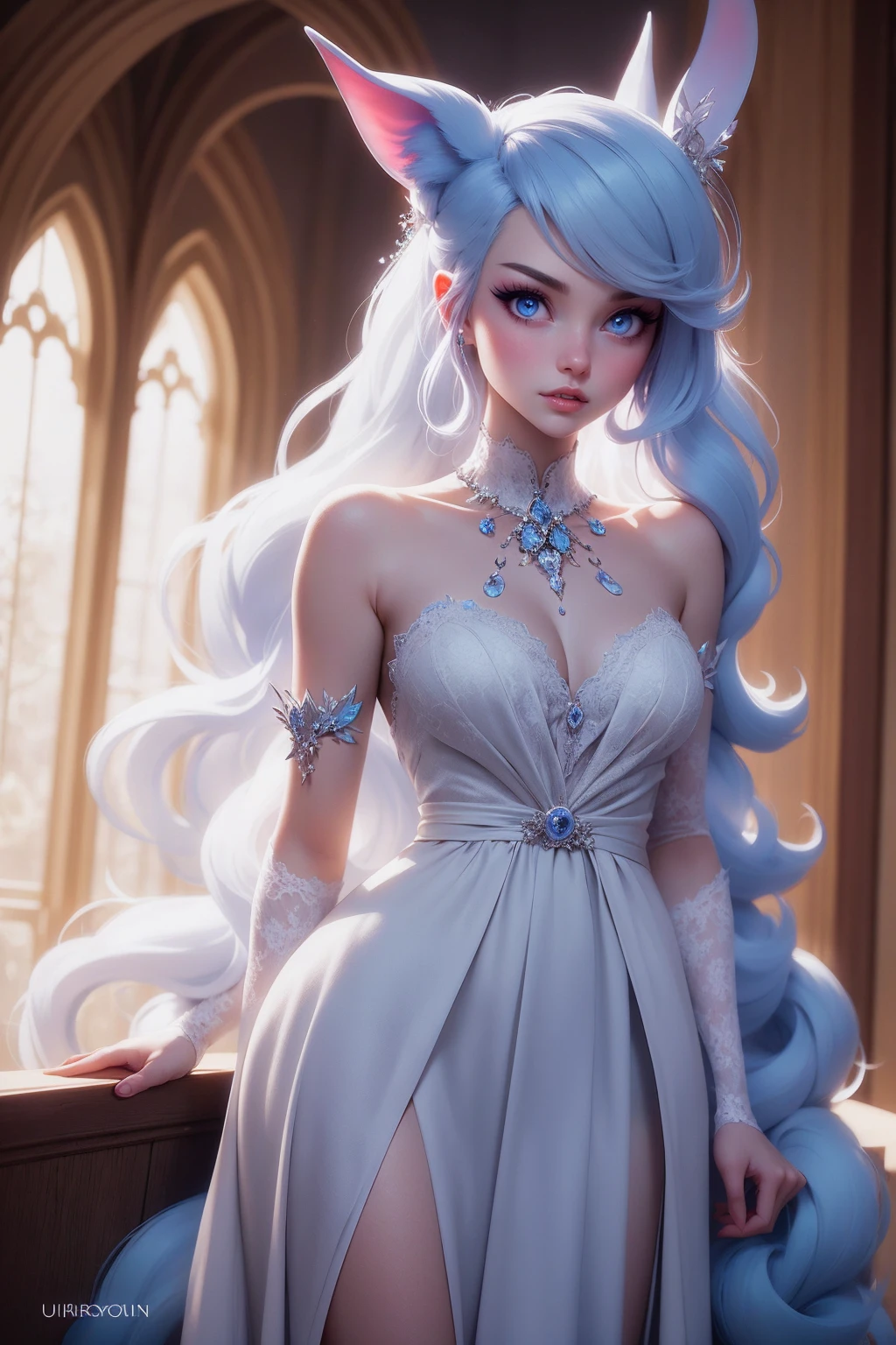 {-erro_de_anatomia:1.0} There is a white unicorn girl, blue mane and long mane, white unicorn, unicorn, unicorn horns, A unicorn, celestia, Nine stories, blue unicorn, soft dreamy, cinematic light《fangs》Unicorn in, mythological creatures, a mythical creature, Pokémon illustration, unicorns, a glaceon princess, white dress, opal eyes. Auroracore, ghostly iridescent, image good for rendering, laying in the bed, backwards, looking back. unicorn girl, full body.