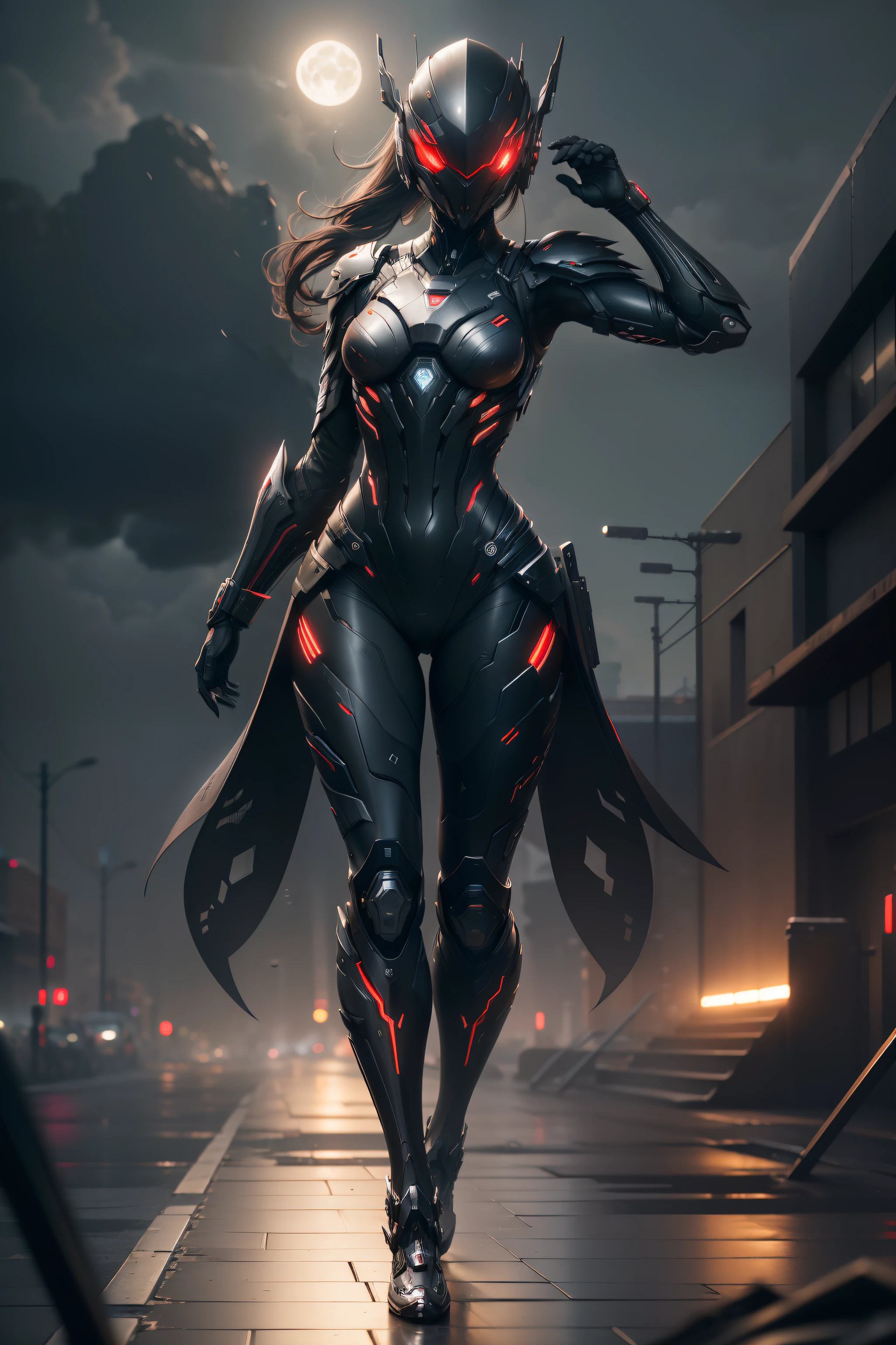 1 japanese girl, WARFRAME, intricate pattern, heavy metal, energy lines, faceless, glowing eyes, elegant, intense, blood red and black uniform, solo, modern, city, streets, dark clouds, thunderstorm, heavy rain, dramatic lighting, (masterpiece:1.2), best quality, high resolution, beautiful detailed, extremely detailed, perfect lighting,(full body, (dynamic pose), action pose), (rim lighting, studio lighting, distant moon light, night, bloom), (cinematic, best quality, masterpiece, ultra HD textures, highly detailed, hyper realistic, intricate detail, 8k, photorealistic, concept art, matte painting, autodesk maya, vray render, ray tracing, hdr), (dslr, full frame, 16mm focal length, f/8 aperture, dynamic perspective, dynamic angle, golden ratio, wide photography, wide field of view, deep depth of field, zoom out) techwear, urbansamurai 3d, realistic cyborg in a cyberhelmet head