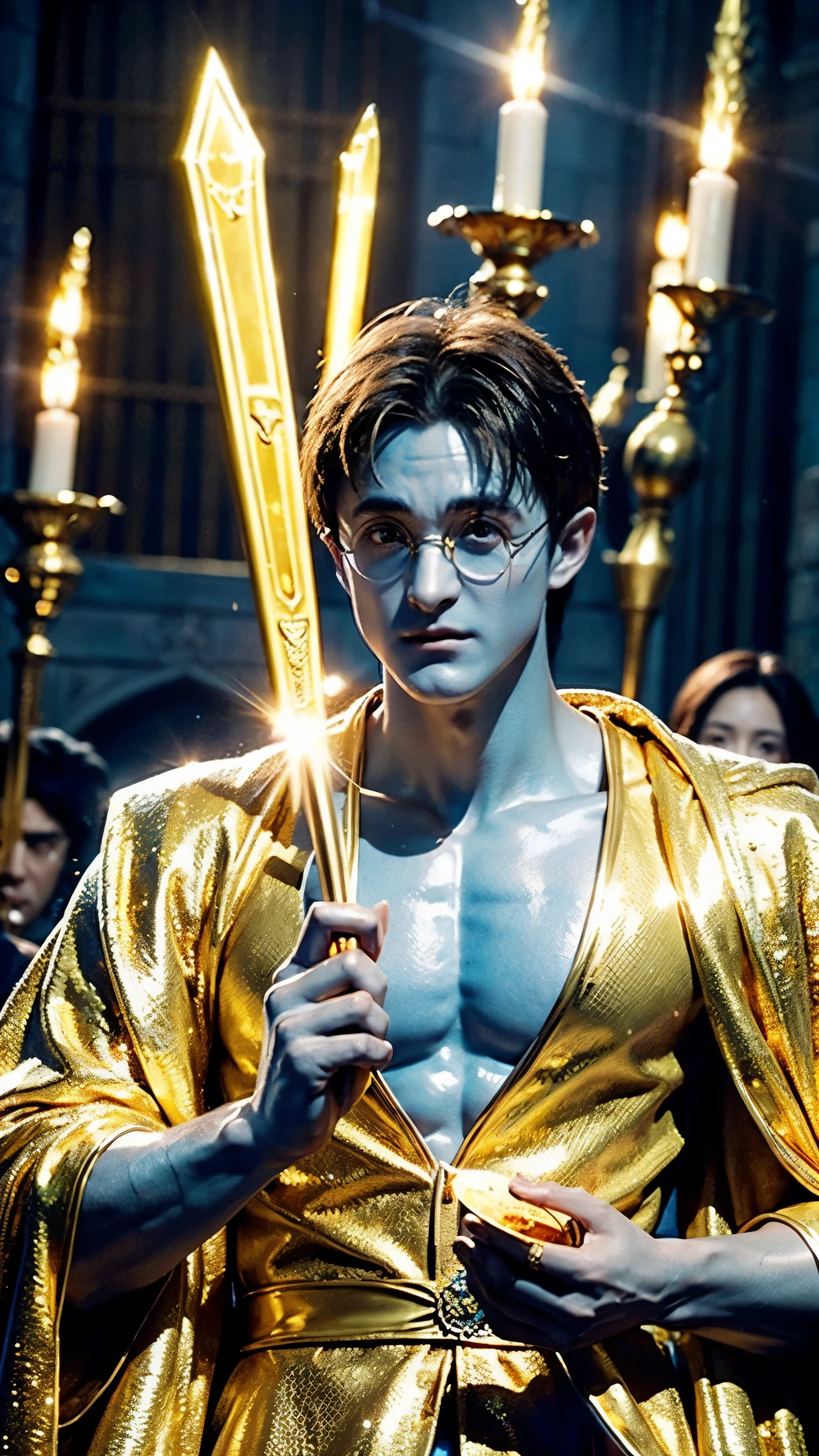 blue skin Harry Potter, muscular body, bare upper body, golden ornaments, flashy costume, Hogwarts in the background, golden king, golden emperor Harry Potter, painted in the center, crowd in the background, golden effect, golden magic, high quality,Harry Potter with golden skin, muscular body, bare upper bodyHarry Potter with golden skin, nothing on, naked, nothing on upper body, golden ornaments, flashy costume, Hogwarts in background, golden king, golden emperor Harry Potter, painted in the center, crowd in background, golden effect, golden magic, high quality, high definition、Harry Potter, the king who unifies the universe, robot in the background,