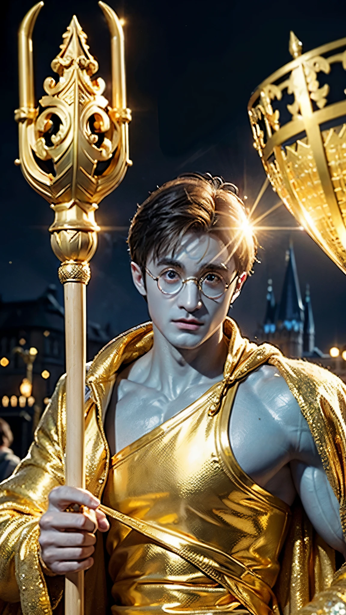 blue skin Harry Potter, muscular body, bare upper body, golden ornaments, flashy costume, Hogwarts in the background, golden king, golden emperor Harry Potter, painted in the center, crowd in the background, golden effect, golden magic, high quality,Harry Potter with golden skin, muscular body, bare upper bodyHarry Potter with golden skin, nothing on, naked, nothing on upper body, golden ornaments, flashy costume, Hogwarts in background, golden king, golden emperor Harry Potter, painted in the center, crowd in background, golden effect, golden magic, high quality, high definition、Harry Potter, the king who unifies the universe, robot in the background,