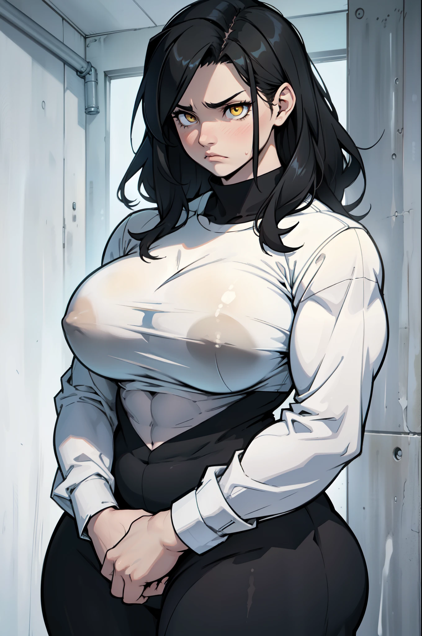 sad girl muscular muscular muscular breasts breasts breasts thick thick thick thick black hair yellow eyes pale skin pale skin thick thick thick long sleeve dark atmosphere thick thick thick thick thick thick muscular simple background sad sad sad sad tigth shirt