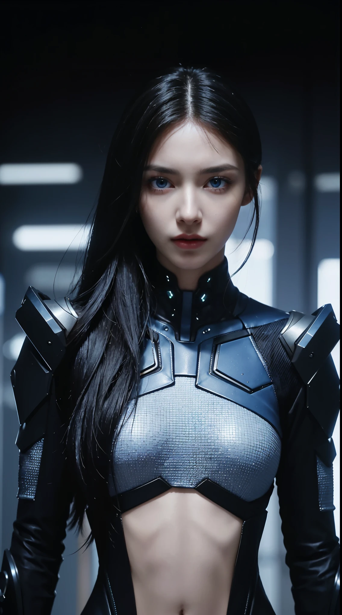 8K, Top Quality, Intricate Details, Ultra Detail, Ultra High Resolution, Masterpiece, , Slender, not Smile, (Makeup: 0.4), (Fluffy Blue Eyes: 1.21), blue Eyes,, ((full body)), 1girl, solo, 1 girl, (( full body)), close-up shot, standing , , ((tall)), (((fit body))), (((slim face))), sharp face, sharp eyes, ((( black hair, long hair ))), (detailed face), sharp face, small lips, thin lips, holding gun,
(( cyberpunk female, woman in a futuristic suit )), detailed face, detailed breast, , large breast, detail, , Beautiful girl with accentuated slender abs: 1.4, Six Pack Abs: 1.4, Bust Botox, Big, Perfect Body, detail leg, ), cyberpunk background,