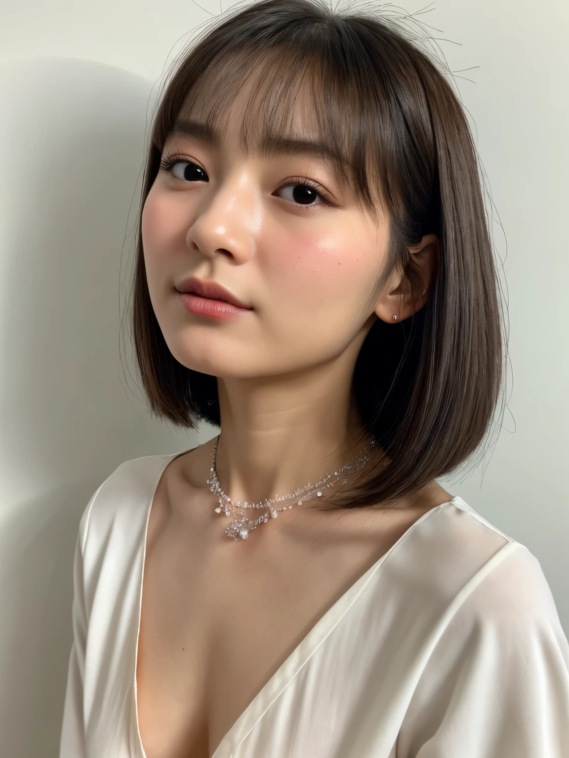 (highest quality、8k、32K、masterpiece、nffsw:1.2)、cute１Photos of Japan women in men、bob cut、bob cut、table top、light brown long sleeve blouse、white wall、Taken in front of the white door、From above、Physically based rendering、gradient brunette hair、Girly、excellent image quality、High resolution、1080p、(clean face)、(Detailed facial description)、(detailed description of handasseter muscle part)、(Detailed CG)、 hair is dirty、masterpiece、rich details、(exquisite features)、(best image quality)、(masterpiece)、(detailed eye)、delicate clavicle、Various poses、Don&#39;don&#39;t watch the mela、profile、simple necklace