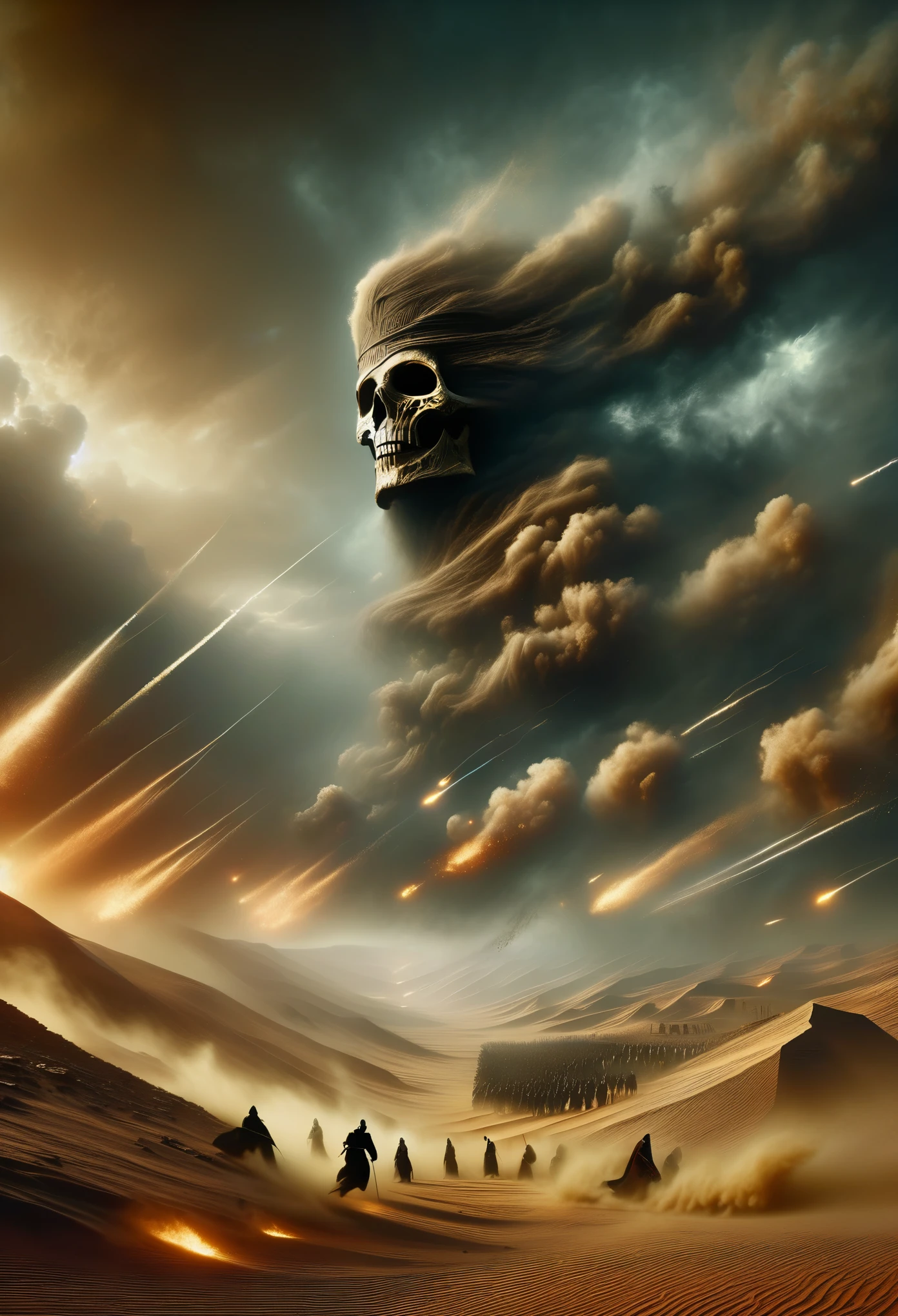 (desert, mummy, epic battle, ancient tomb, sandstorm), (oil painting, textured brushstrokes, dramatic lighting), (explosions, flying debris, intense action), (best quality, highres, ultra-detailed), (dark and gritty, ominous atmosphere), (warm earth tones, hint of gold), (focus on the fierce expressions, intricate Egyptian symbols),The skeleton army behind you,,Desert Storm,dark,gothic style,charge,ghost town