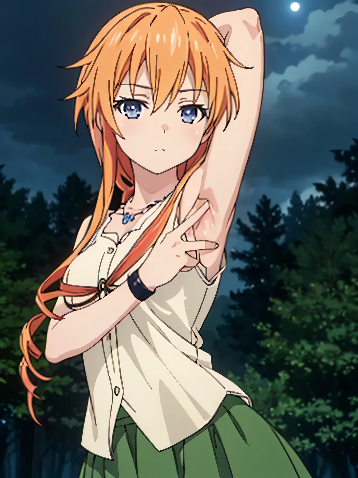 (((pixel-perfect, detail-perfect))), solo, 1girl, yuzuru yamai, white shirt, necklace, green skirt, looking at viewer, high quality, closed mouth, solo, upper body, night sky, forest, arms behind head, contrapposto, expressionless, spread armpits, looking at viewer, solo, center, sleeveless