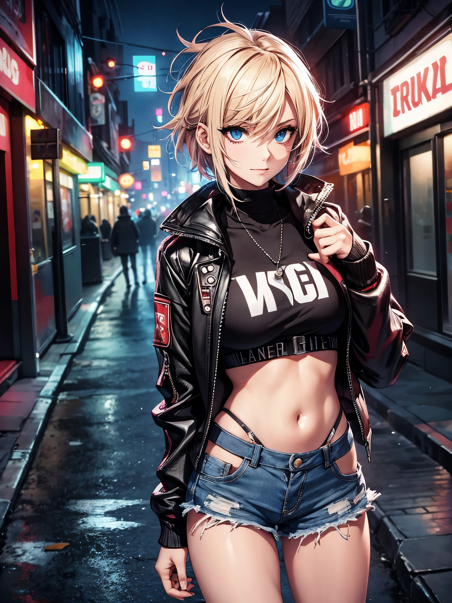 アニメの女の子が黒いシャツとデニムショーツを着て、通りに立っ