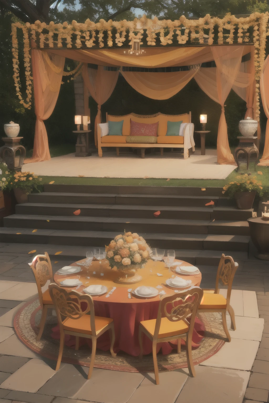 An outdoor setting with decor for an Indian mehndi ceremony. Floral decor, candles, garland. large bowls with orange tumeric powder are on the floor. Large bowls with bright flower petals are on tables and on the floor. Two ornate ottoman chairs are featured in the middle.