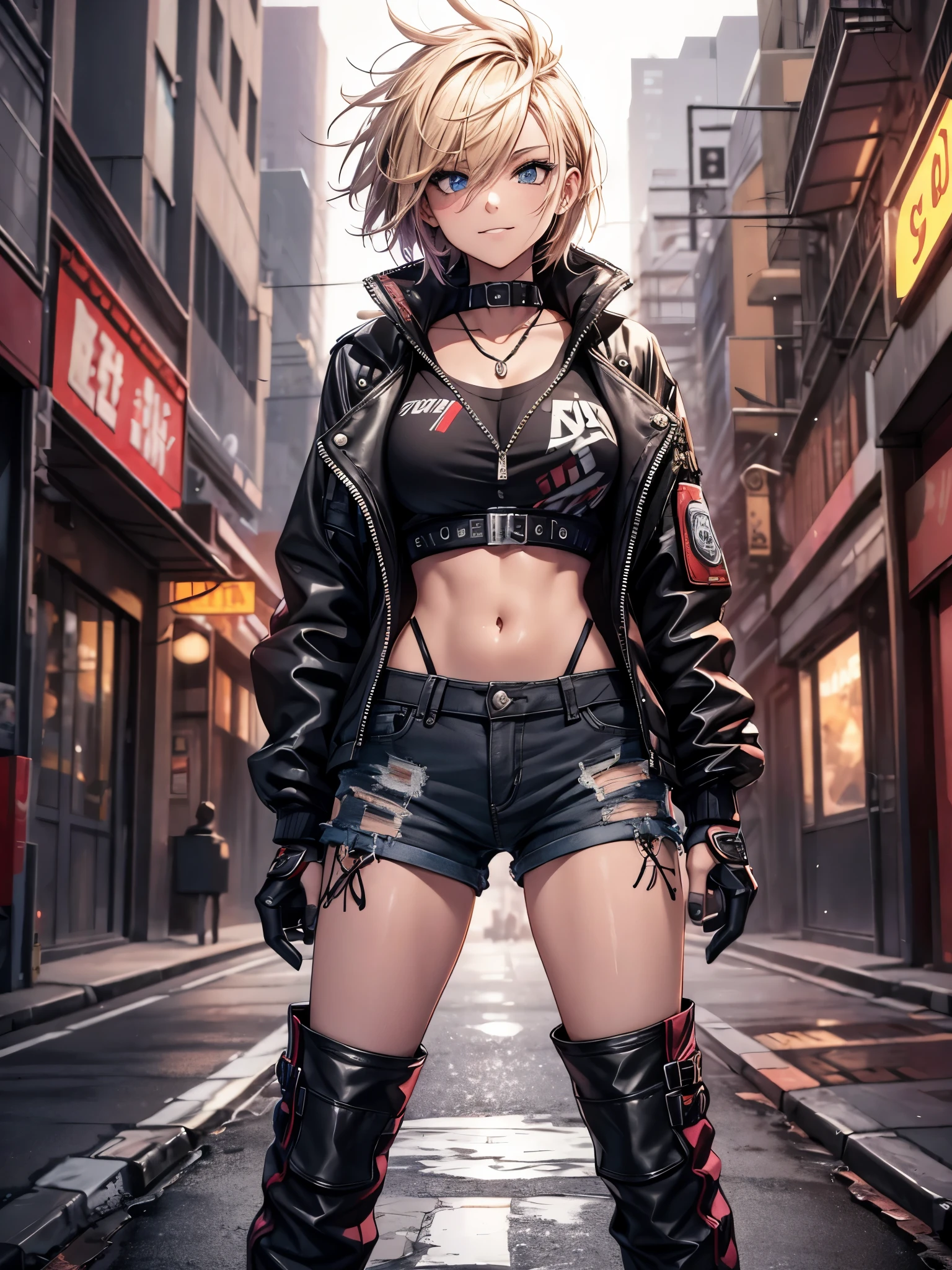 (best quality,4k,highres),ultra-detailed,realistic,cowboy shot, angry,grin,rock fashion,punk rock fashion,blonde short hair mixed colored hair,jacket,crop tops,shorts,long boots,edgy look,dark alley ambiance,vibrant colors,hazy street lights,urban backdrop,captivating expression,urban decay aesthetic,defiant attitude,city nightlife,gritty atmosphere,stray graffiti,energy and movement,edgy makeup,confident stance,city lights reflection on wet ground