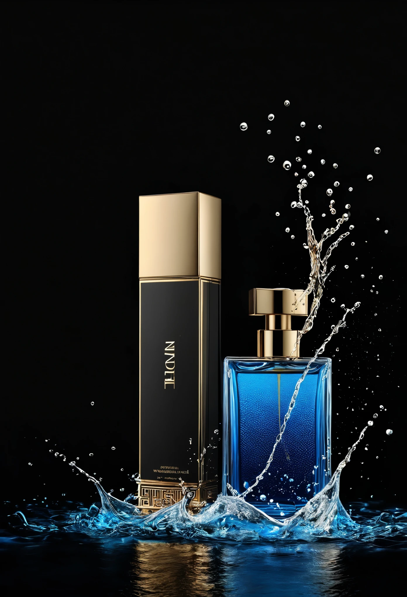 Attractive design on a black background with blue product display, Leave an empty space,So I can insert an image of Perfume falling into the water . The background should exude elegance and sophistication, Melhore o apelo visual do perfume que colocarei na imagem. You are free to use enlightenment, texturizado, and composition to create a luxurious atmosphere,Uma vez adicionado,Perfume will be the central focus.