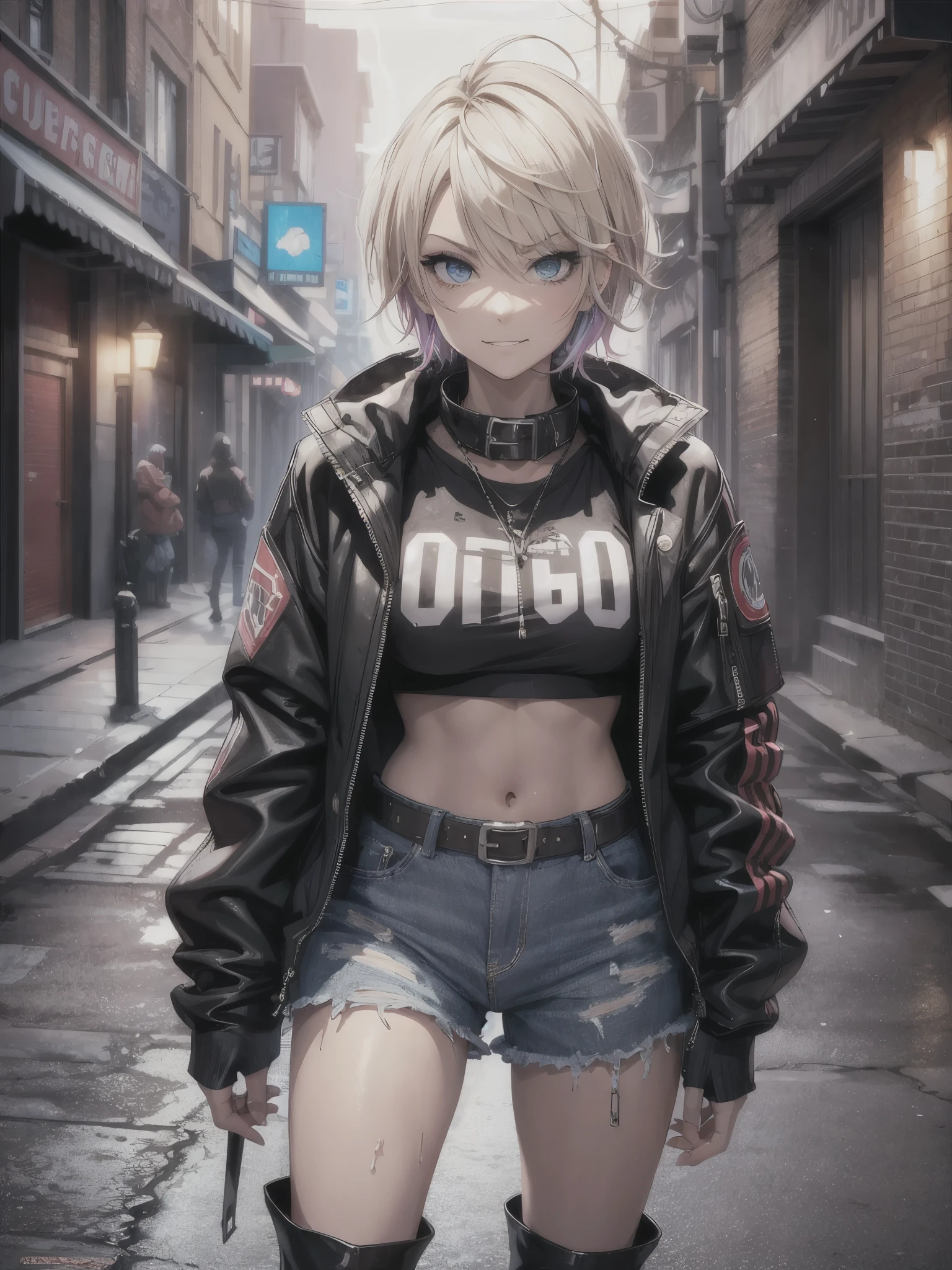 (best quality,4k,highres),ultra-detailed,realistic,cowboy shot, angry,grin,rock fashion,punk rock fashion,blonde short hair mixed colored hair,jacket,crop tops,shorts,long boots,edgy look,dark alley ambiance,vibrant colors,hazy street lights,urban backdrop,captivating expression,urban decay aesthetic,defiant attitude,city nightlife,gritty atmosphere,stray graffiti,energy and movement,edgy makeup,confident stance,city lights reflection on wet ground