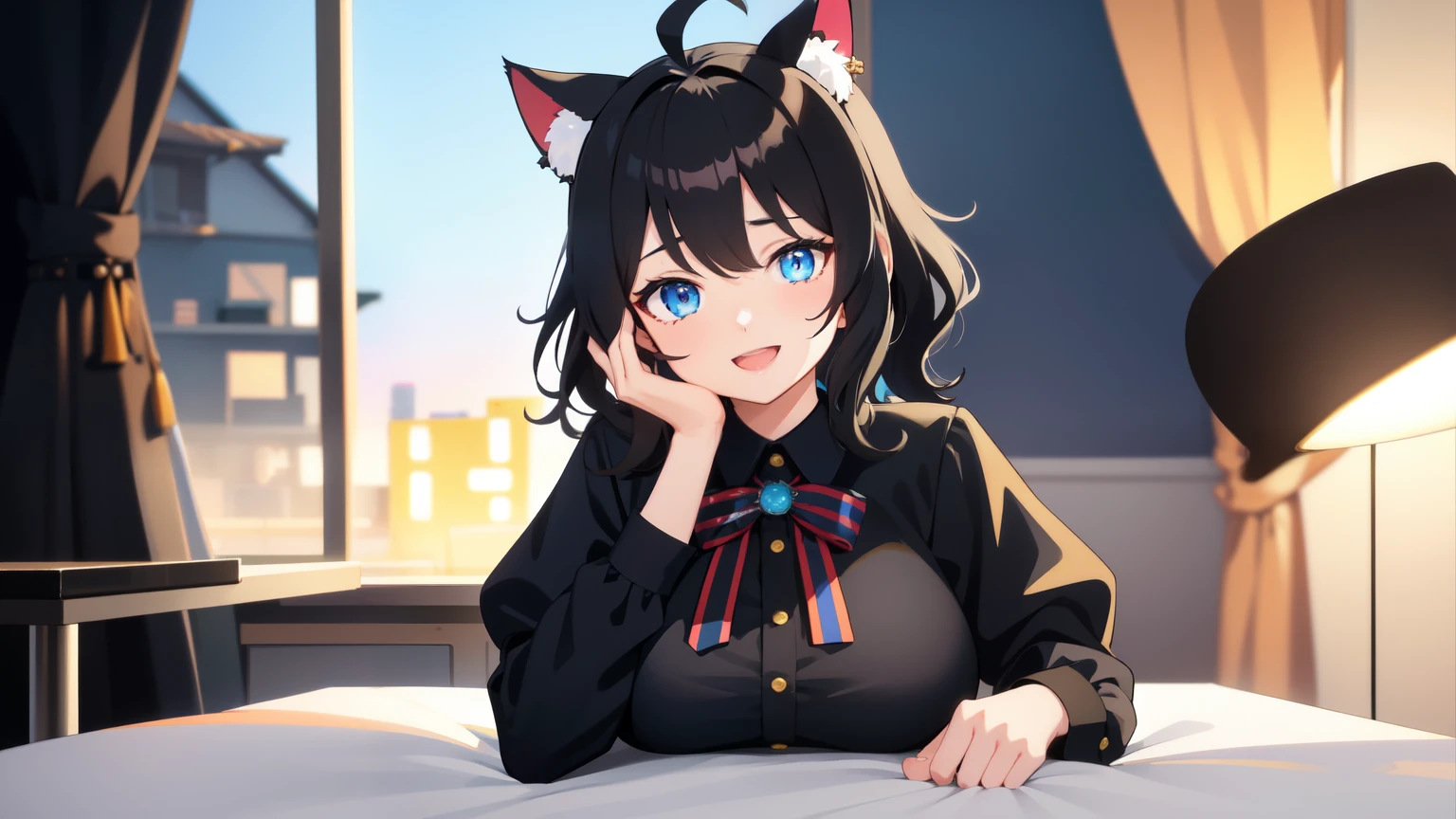 looking at the viewer, 1 girl, open your mouth, smile, Virtual YouTuber、with a girl、((highest quality, expensive_solve, clear_image)),(black hair), (black cat ears), (Ahoge), (ridiculously short hair), (wavy hair), (blue eyes),、laughter、very big breasts,I got to my room、lonely face、had alcohol